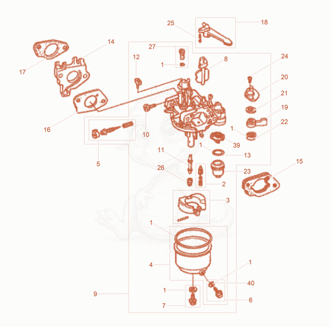 Despiece del Fixed Jet Carburetor de una máquina Wacker Neuson BPU6275AH, con globos numerados