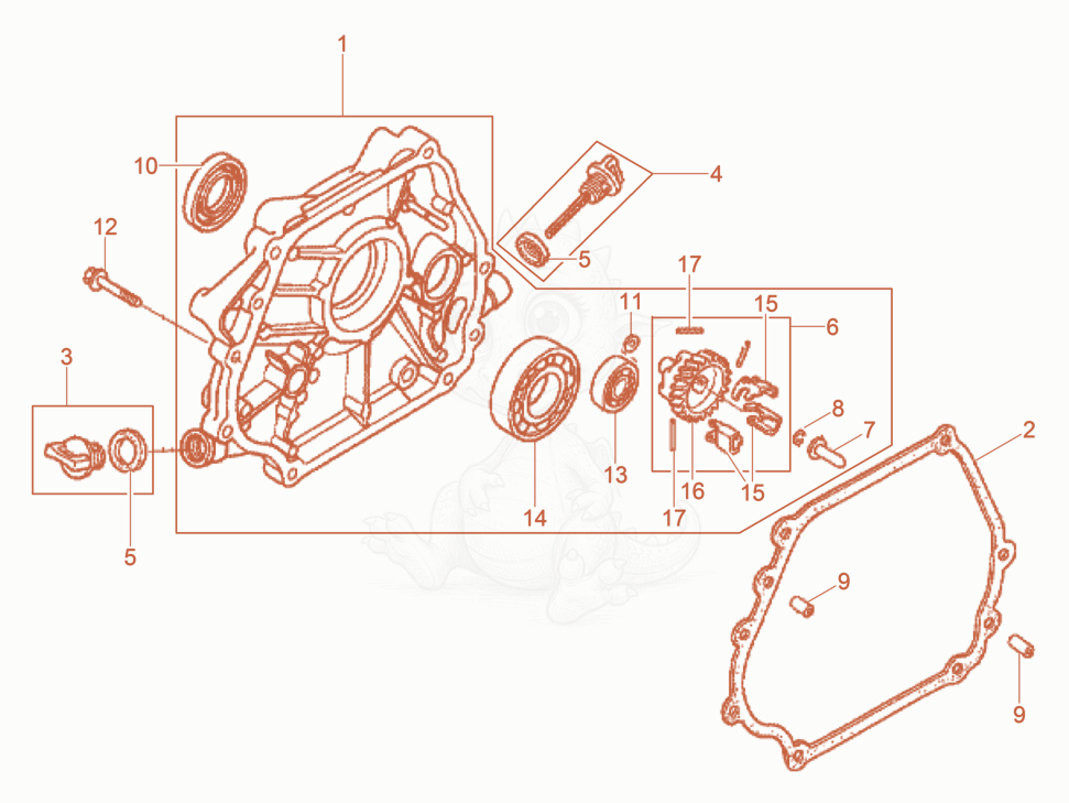 Exploded parts diagram of the Crankcase cover of a Wacker Neuson BPU5545AUS, with numbered balloons