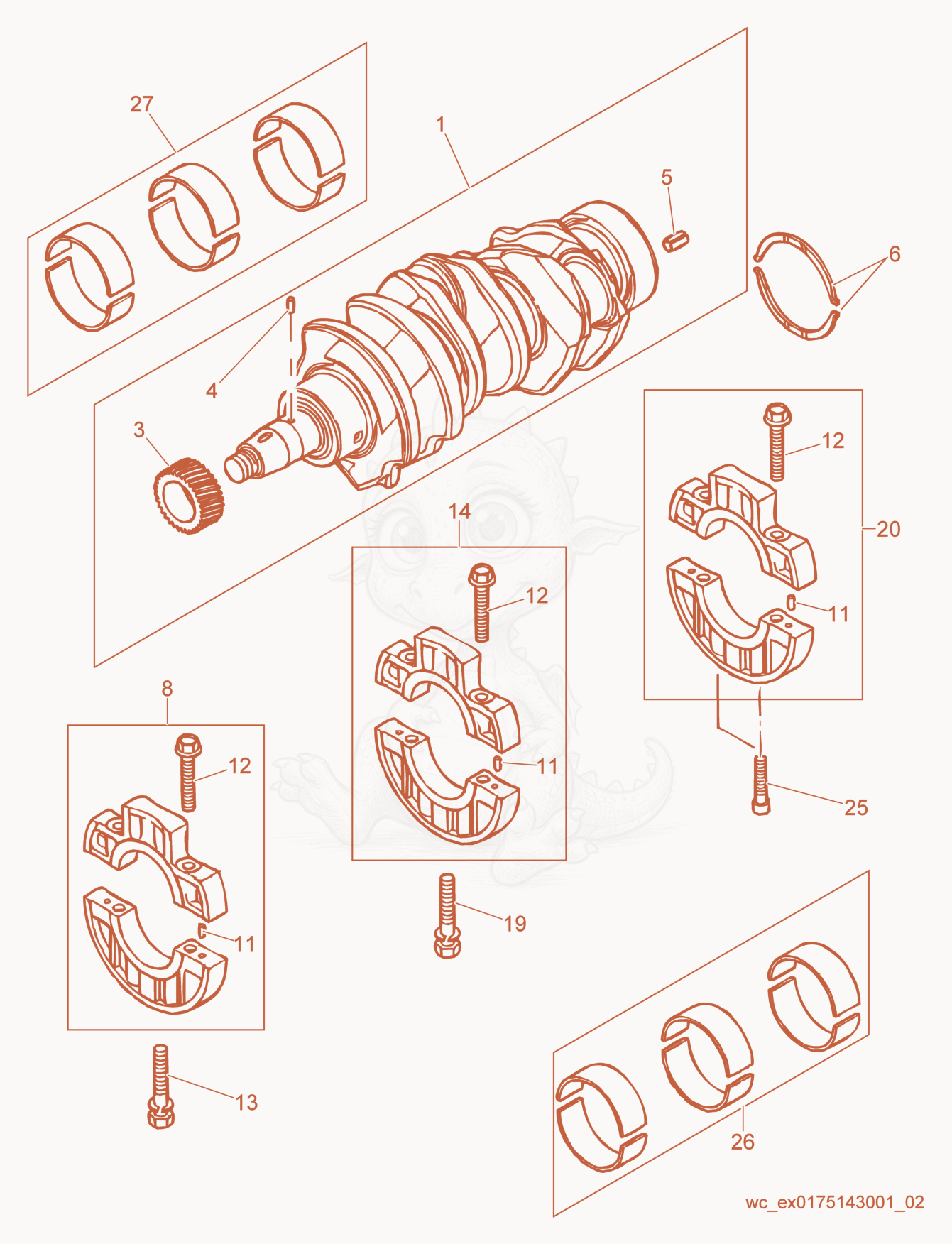 Exploded parts diagram of the Crankshaft/Piston/Connecting Rod of a Wacker Neuson RD27-120, with numbered balloons