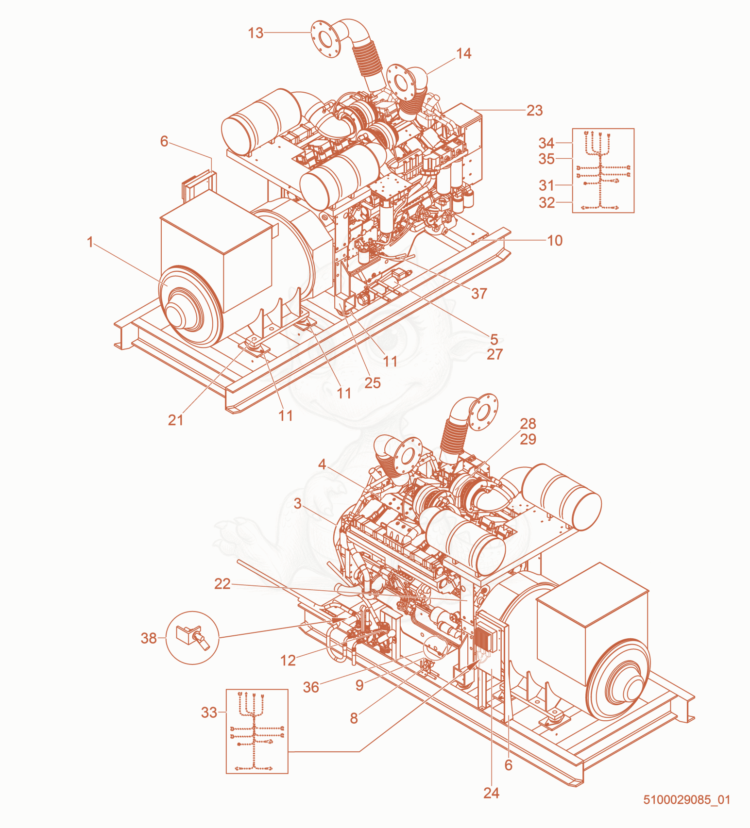 Exploded parts diagram of the Engine/Generator cpl. of a Wacker Neuson G1100, with numbered balloons