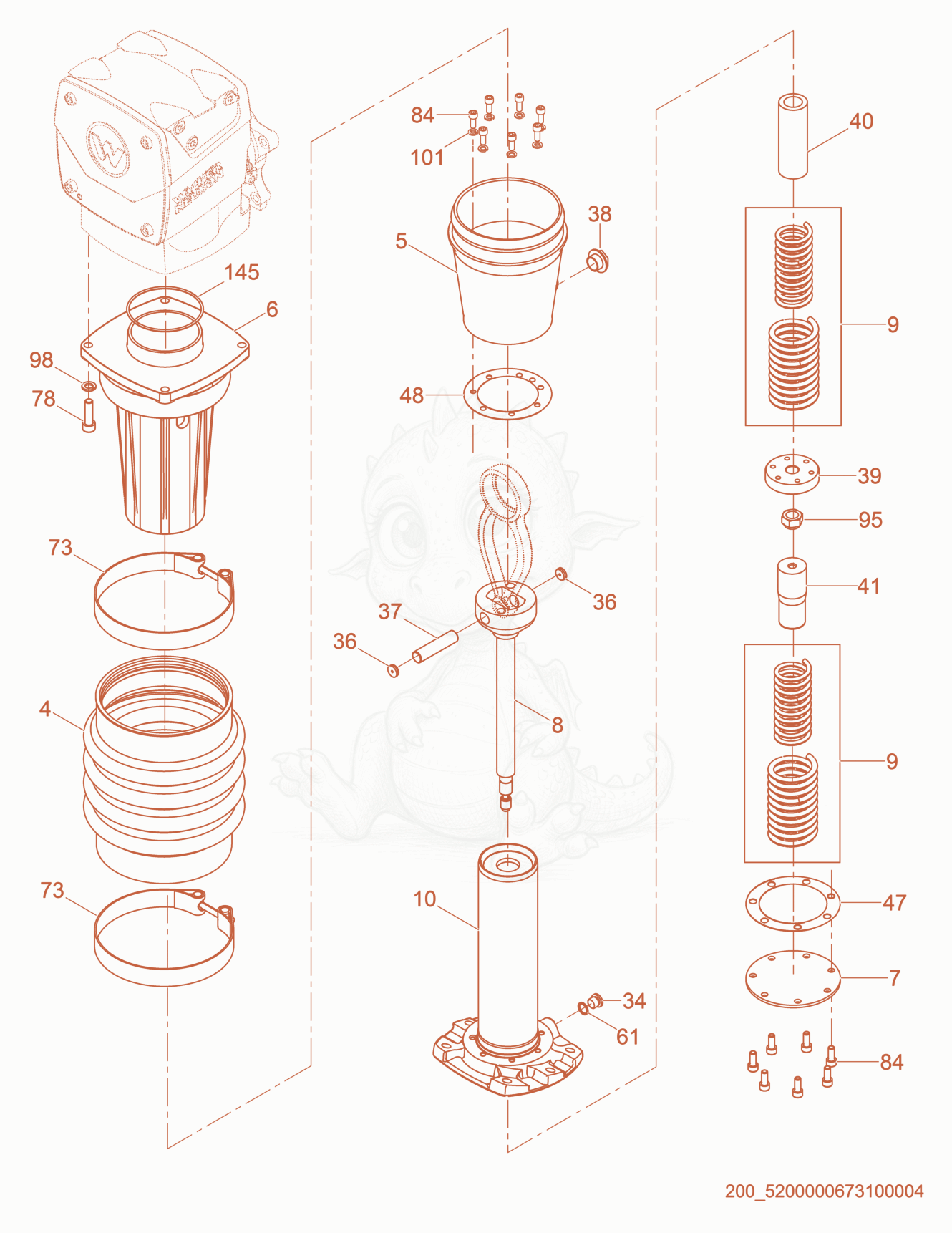 Exploded parts diagram of the Guide Cylinder cpl. of a Wacker Neuson BS70-2I, with numbered balloons