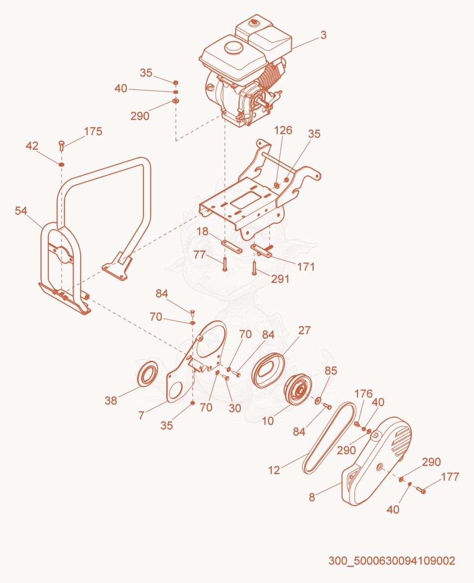 Exploded parts diagram of the Beltguard/Clutch of a Wacker Neuson VP50HW, with numbered balloons