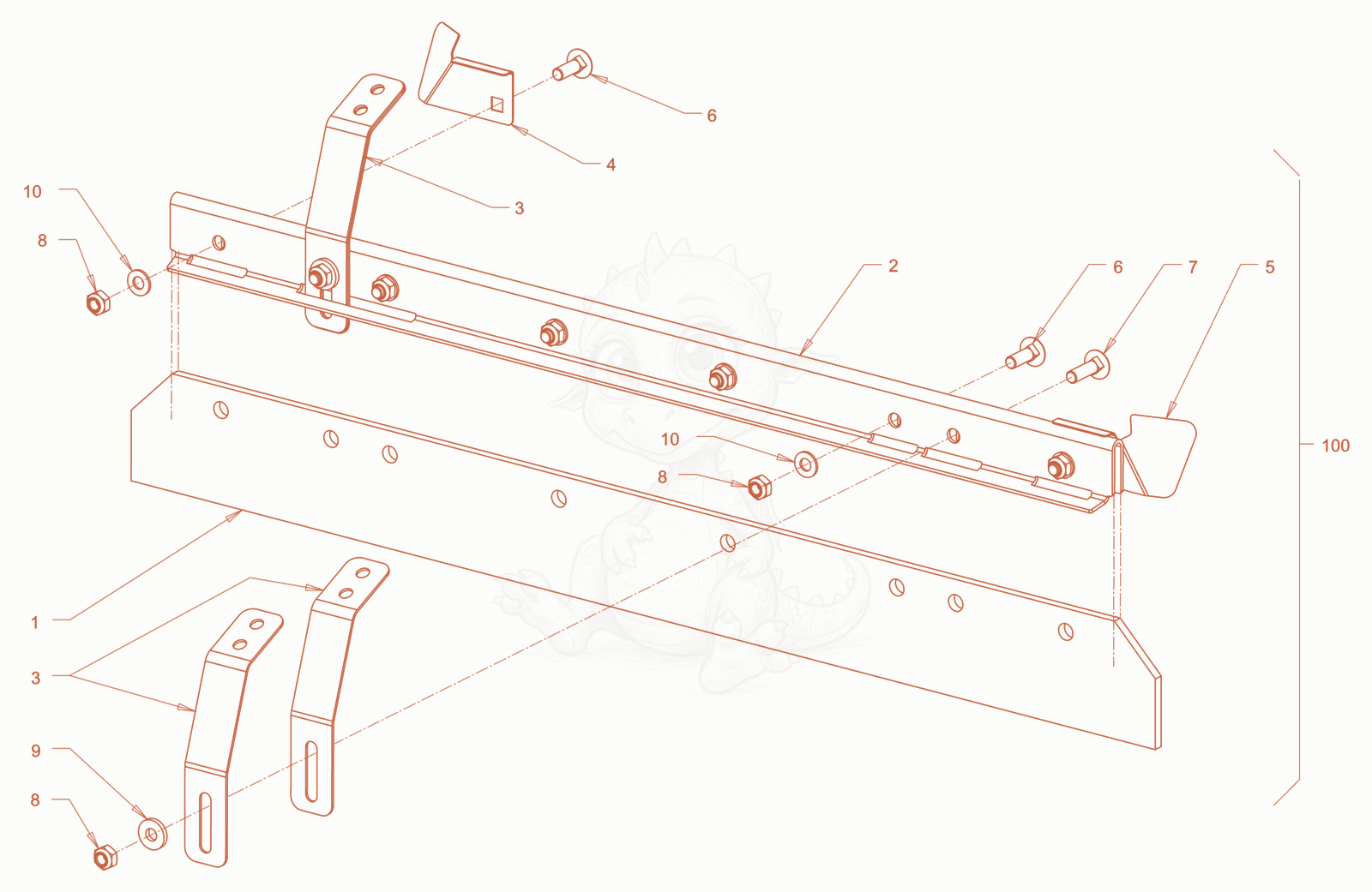 Exploded parts diagram of the scraper of a Wacker Neuson RD18-100C.3, with numbered balloons