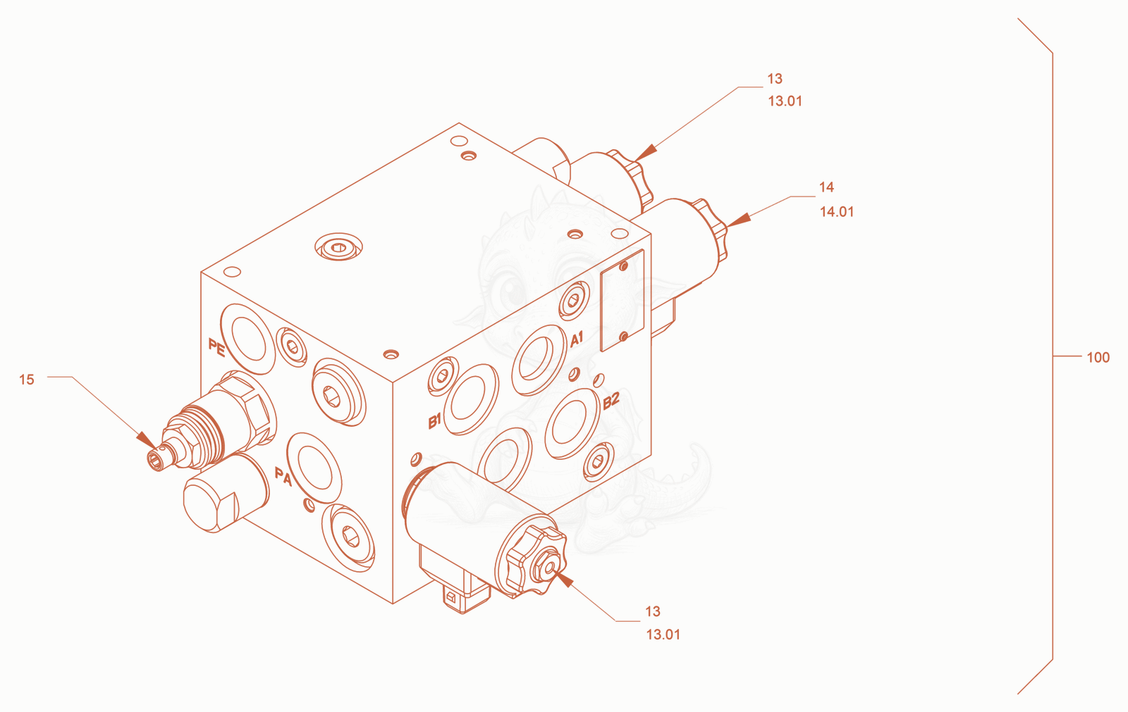 Exploded parts diagram of the valve block (changing over of vibration) of a Wacker Neuson RD45-140O, with numbered balloons