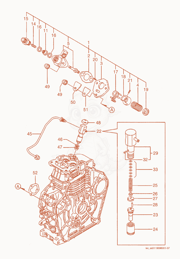 Exploded parts diagram of the Injection Pump/Valve of a Wacker Neuson VP2050Y, with numbered balloons