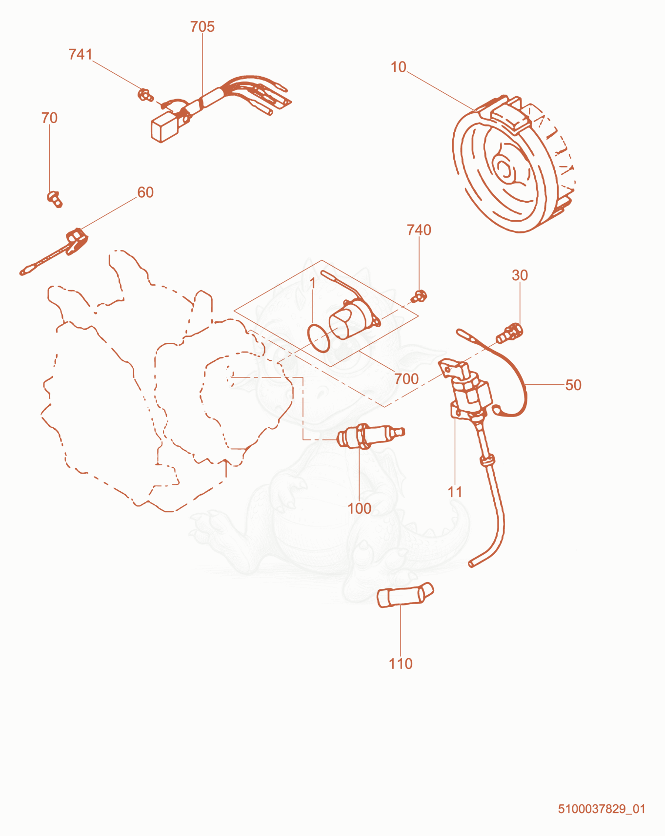 Exploded parts diagram of the Flywheel/Ignition Coil of a Wacker Neuson WP1550, with numbered balloons
