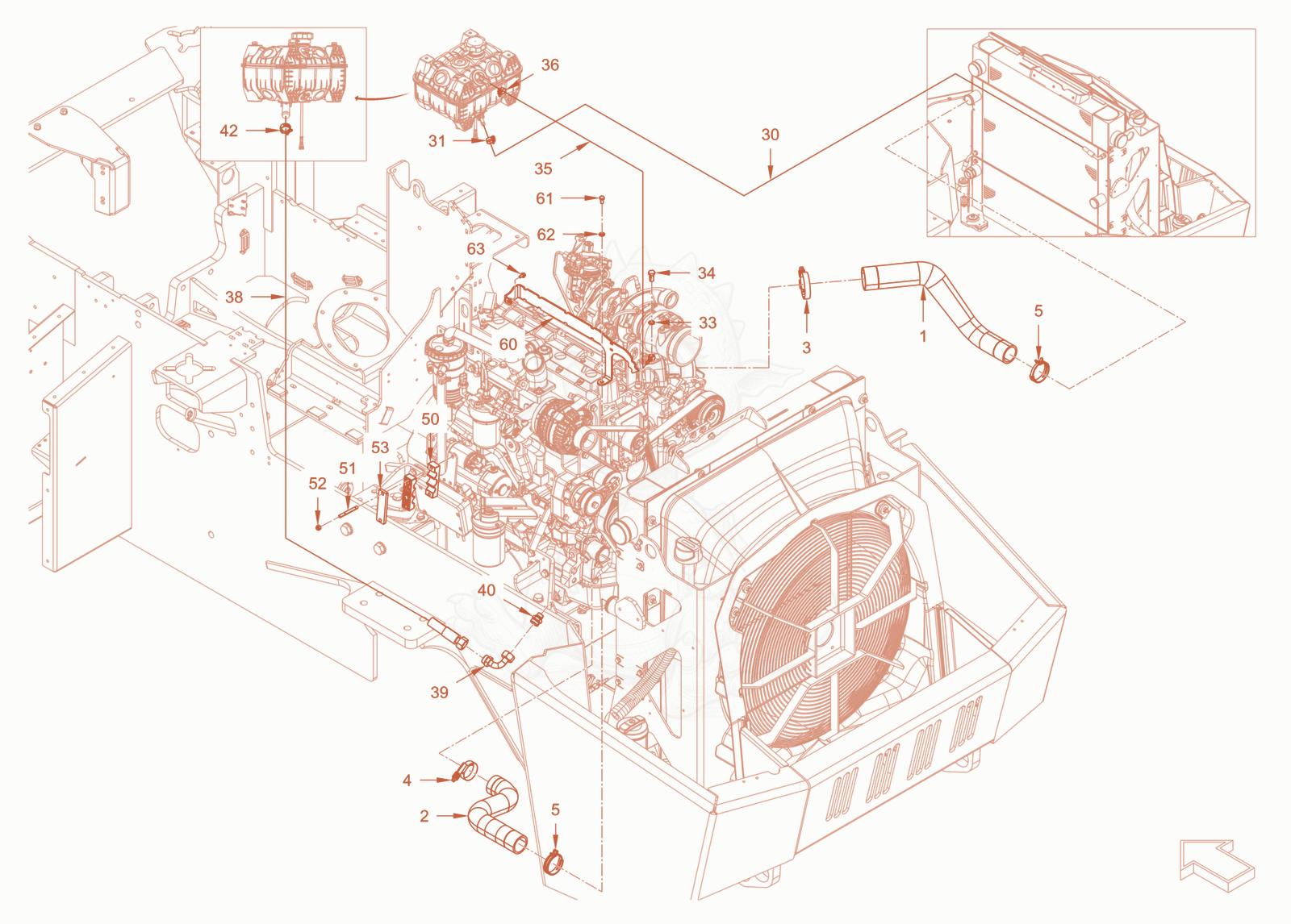 Exploded parts diagram of the cooling (engine/hydraulic oil) of a Wacker Neuson RC110PCAB, with numbered balloons