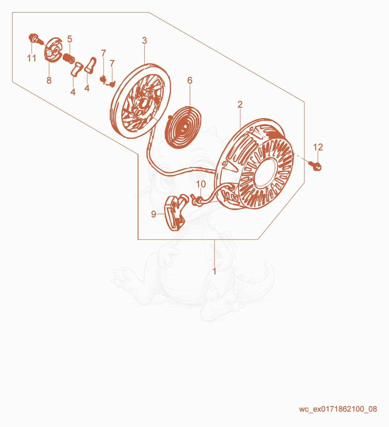 Exploded parts diagram of the Recoil starter of a Wacker Neuson GV5600A, with numbered balloons