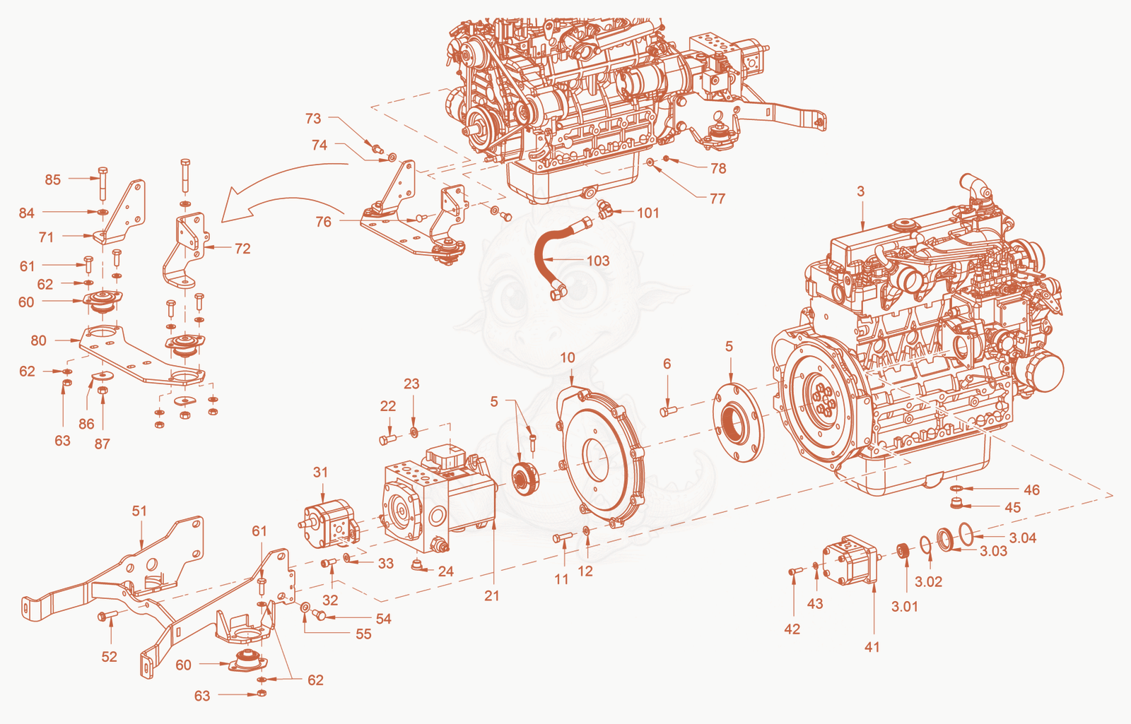 Exploded parts diagram of the pump drive and engine assembly of a Wacker Neuson RD45-140, with numbered balloons