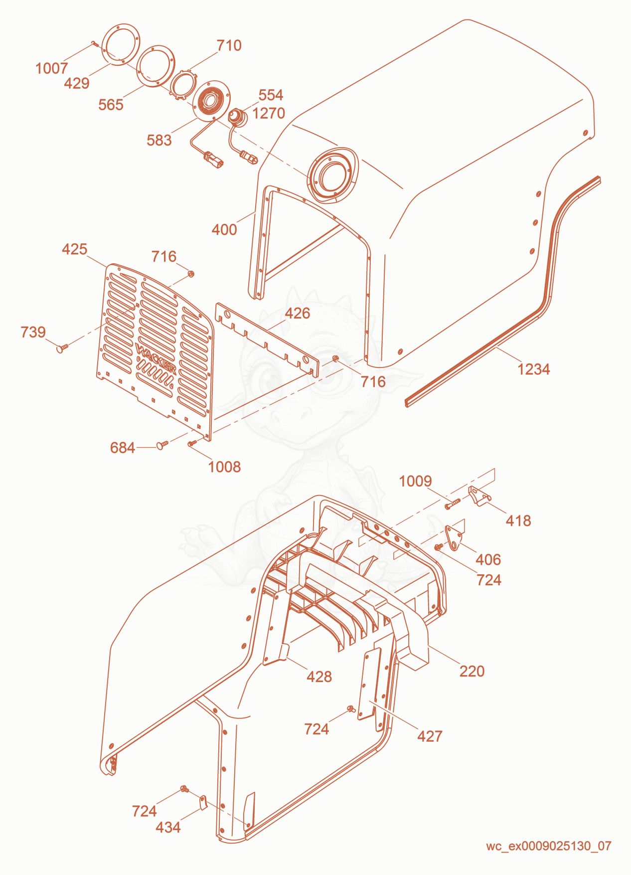 Despiece del Front Cover de una máquina Wacker Neuson RT56-SC, con globos numerados