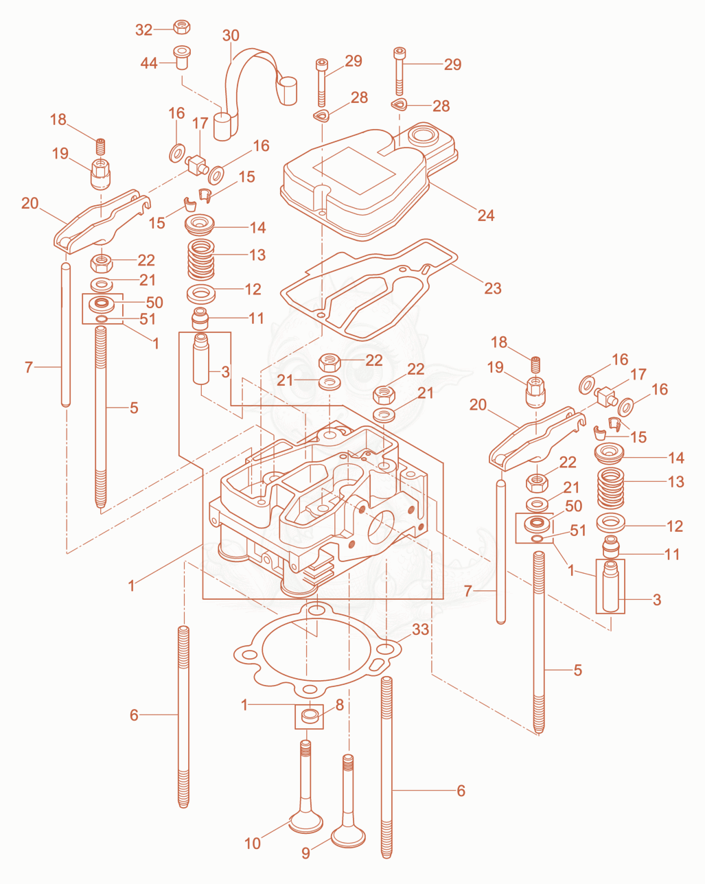 Exploded parts diagram of the Cylinder head of a Wacker Neuson XPSKMAT, with numbered balloons