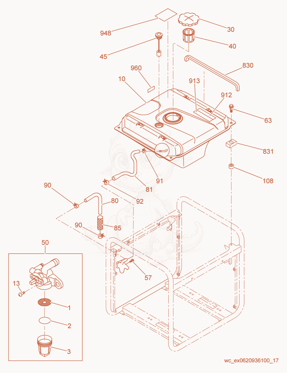 Exploded parts diagram of the Fuel Tank cpl. of a Wacker Neuson GPSI3200, with numbered balloons