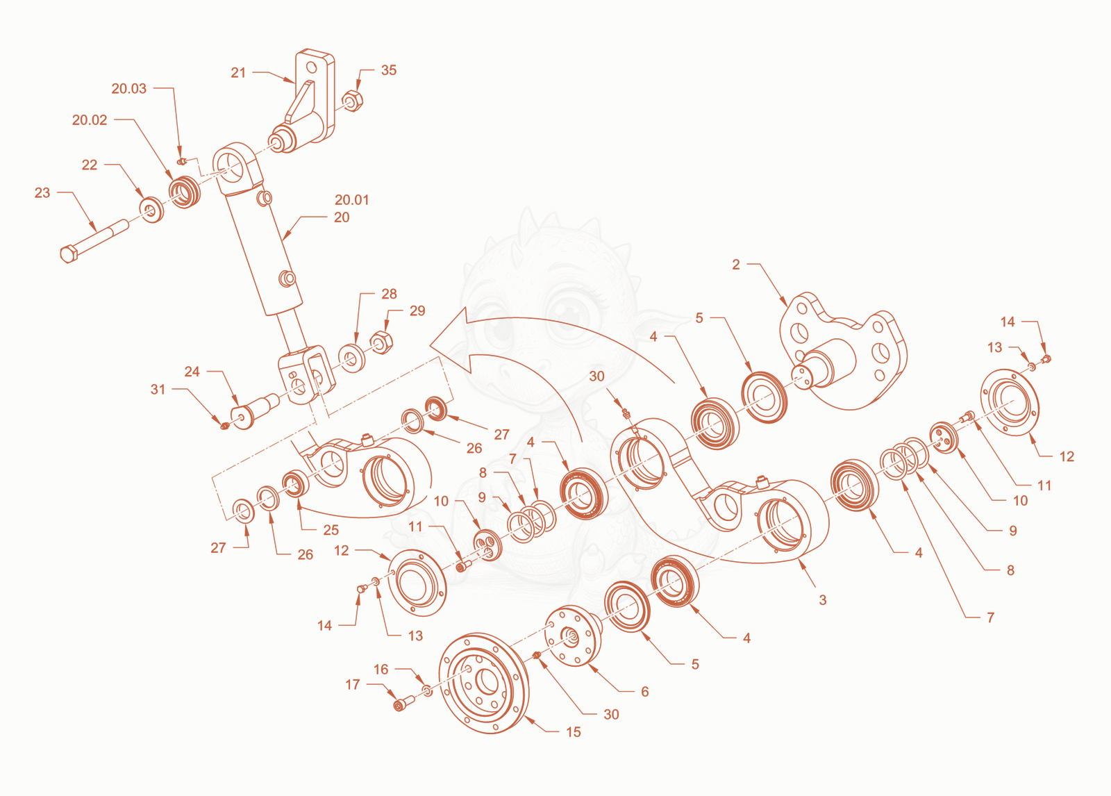 Exploded parts diagram of the edge pressing and cuttingdevice of a Wacker Neuson RD40-130CDPF, with numbered balloons