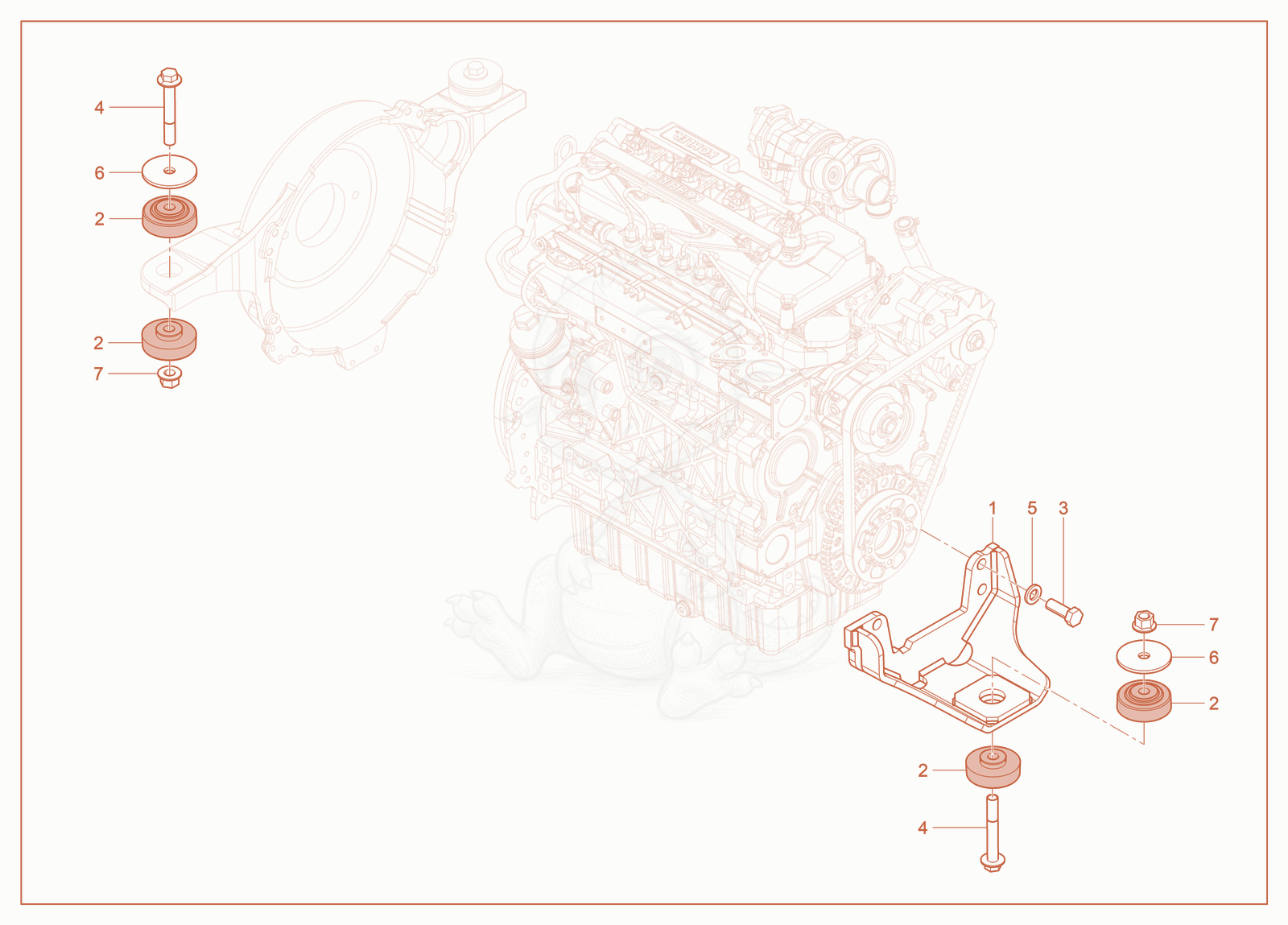 Despiece del Rear Engine Mount (2504) de una máquina Wacker Neuson ST50, con globos numerados