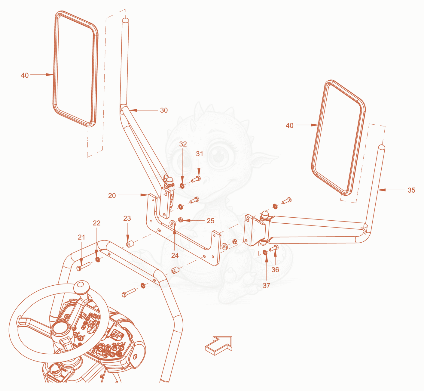 Exploded parts diagram of the additional mirror of a Wacker Neuson RD45-140C, with numbered balloons