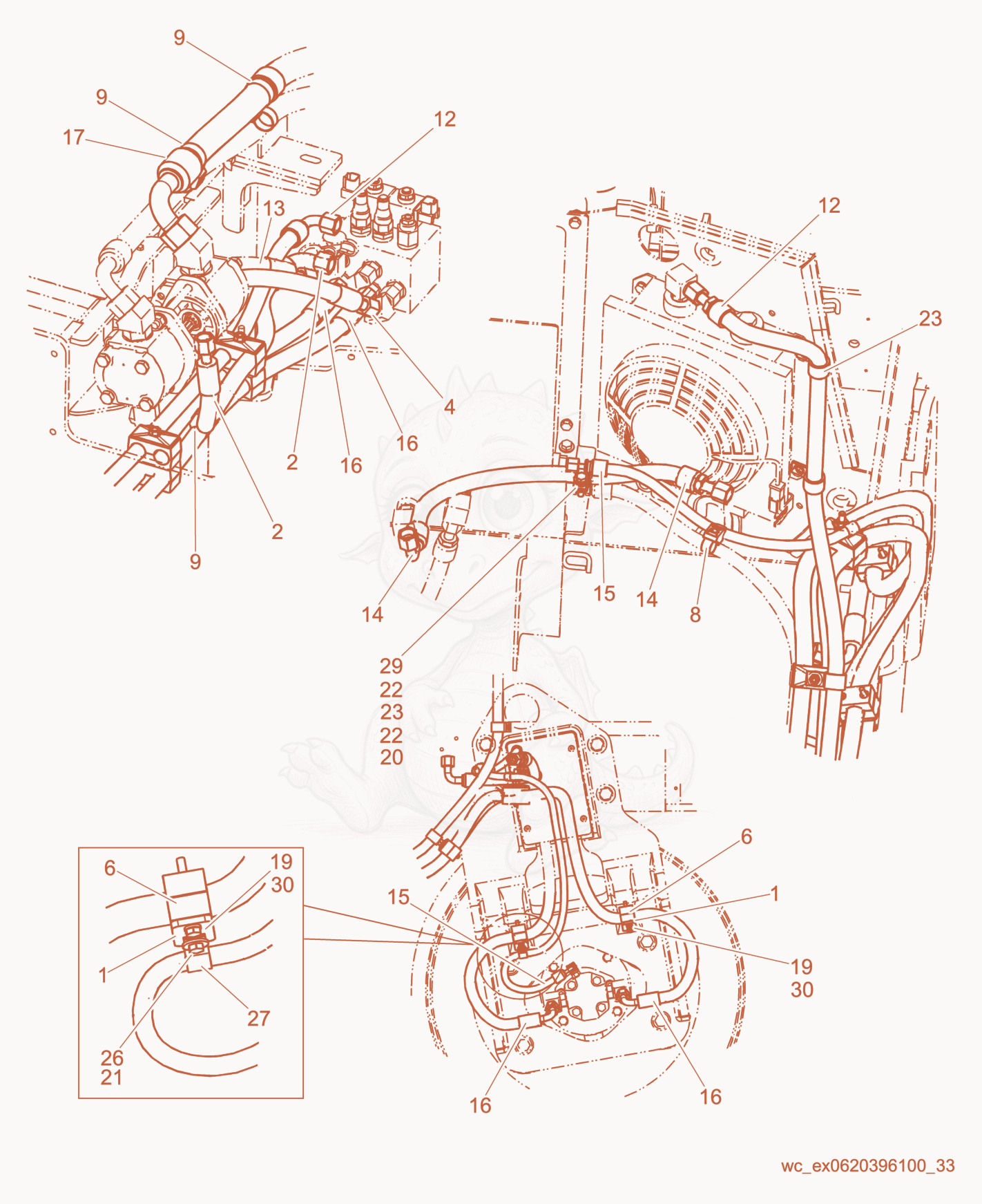 Exploded parts diagram of the Vibrating Hydraulic System - Front Drum of a Wacker Neuson RD27-120, with numbered balloons
