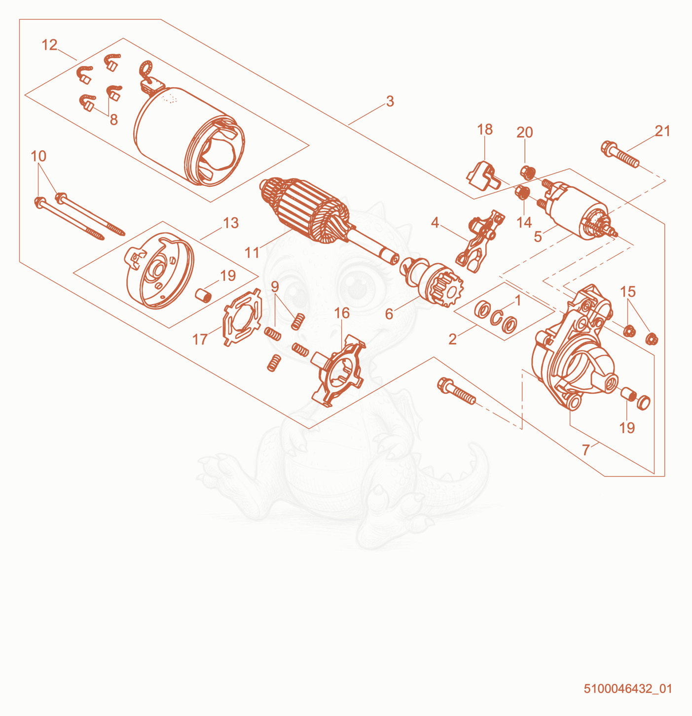 Exploded parts diagram of the Starter Motor of a Wacker Neuson GPS9700A, with numbered balloons