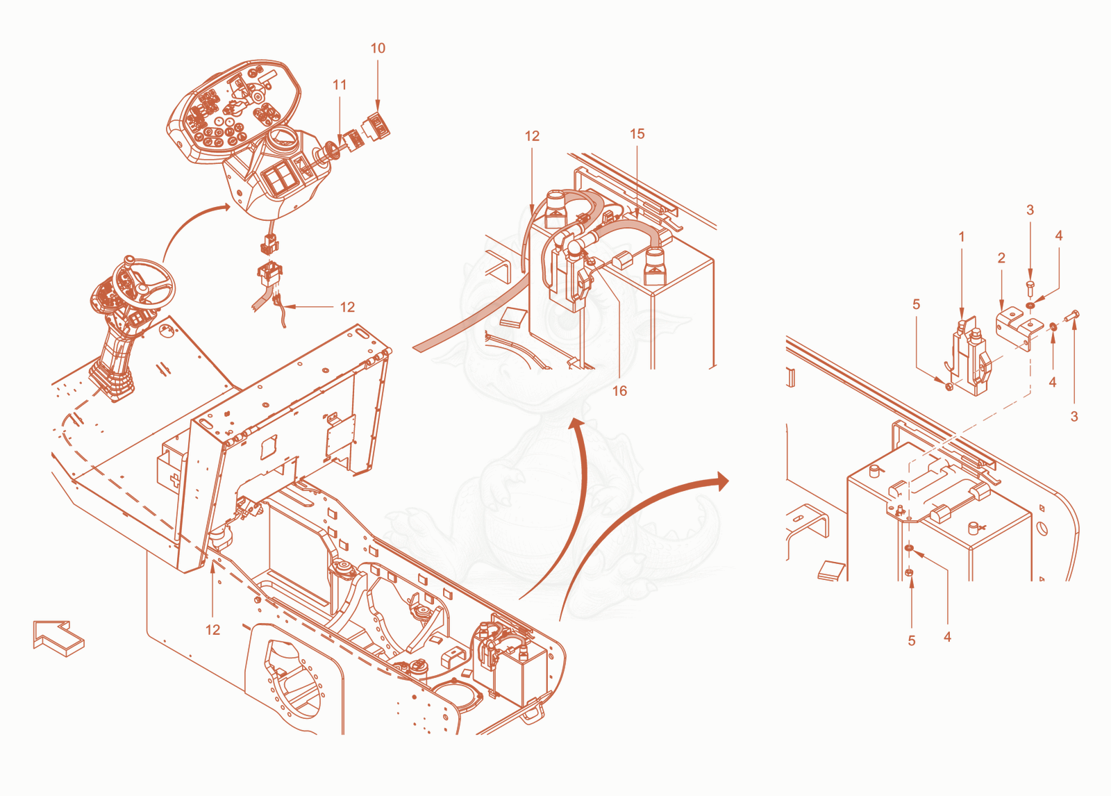Exploded parts diagram of the battery isolating switch of a Wacker Neuson RC50PDPFCAB, with numbered balloons