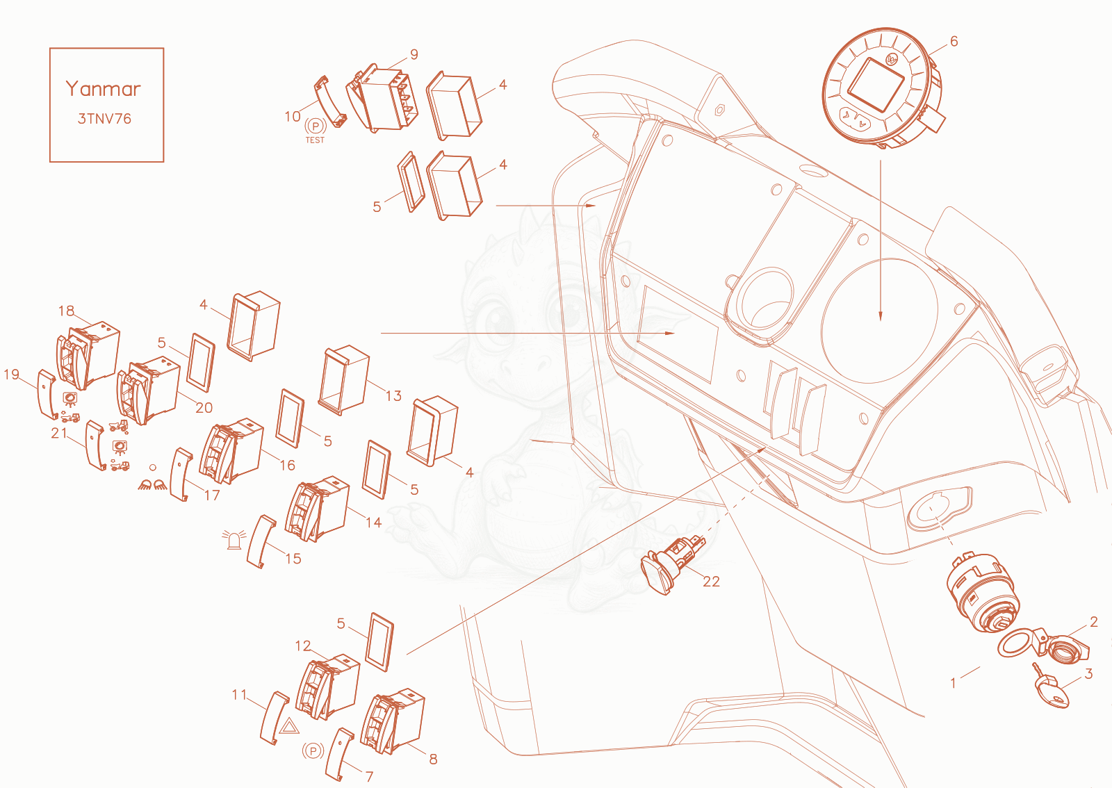 Exploded parts diagram of the instrument panel of a Wacker Neuson DW30-2, with numbered balloons