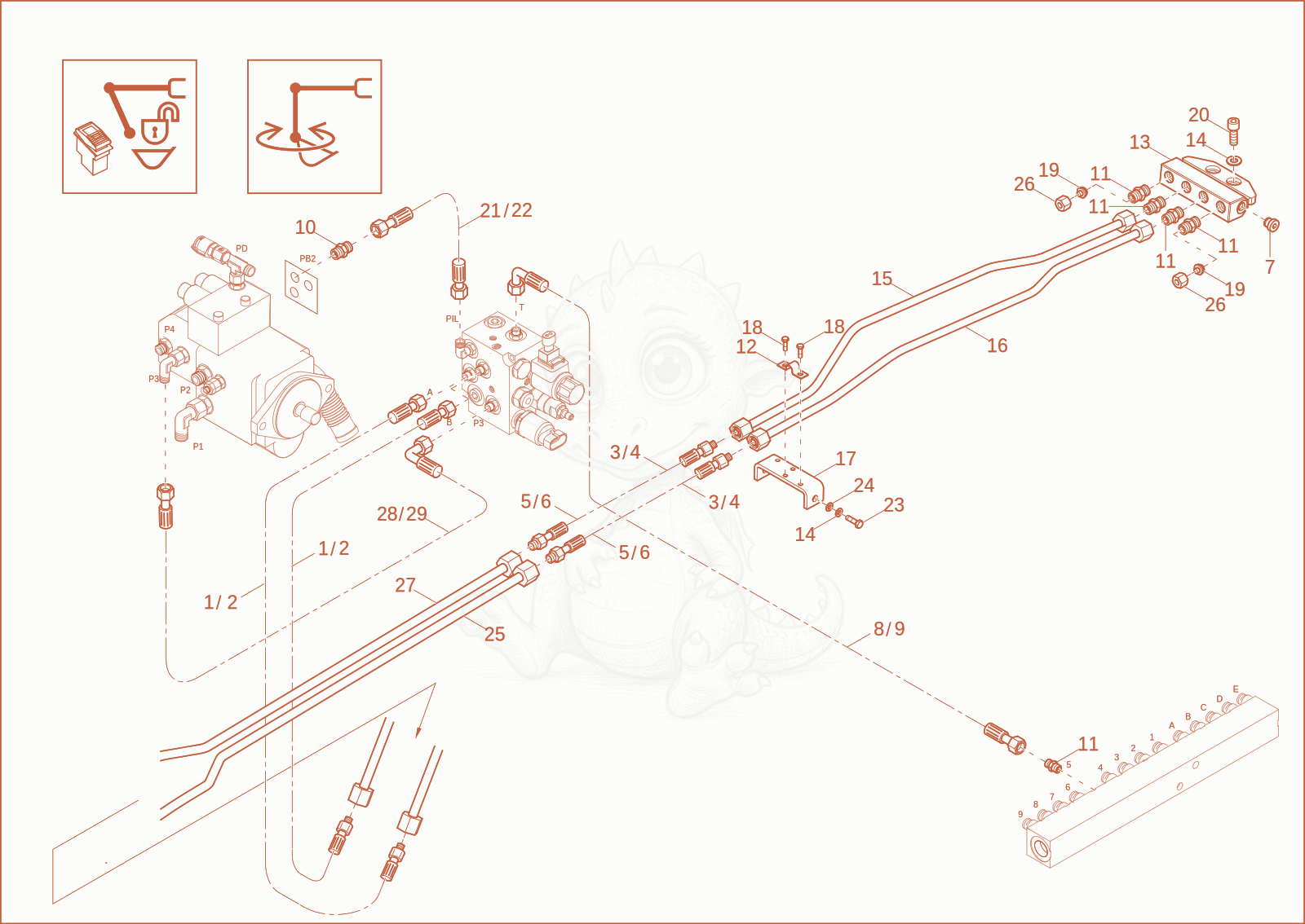 Exploded parts diagram of the Pilot circuit Powertilt (Option) of a Wacker Neuson ET24, with numbered balloons