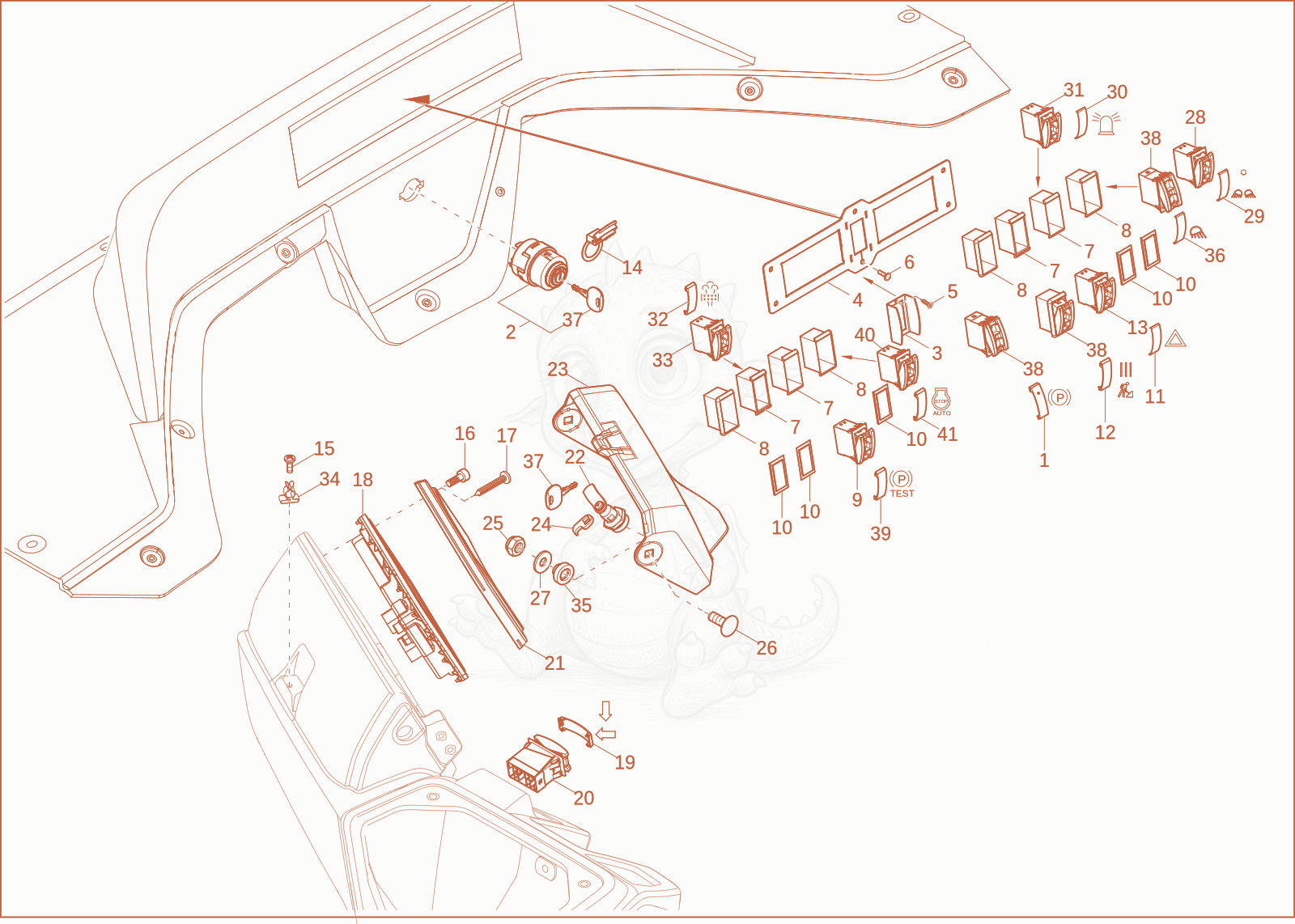 Exploded parts diagram of the instrument panel of a Wacker Neuson DV100, with numbered balloons