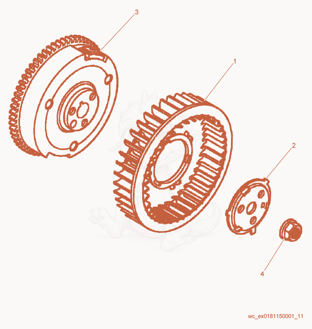 Exploded parts diagram of the Flywheel cpl. of a Wacker Neuson CRT36-26A, with numbered balloons