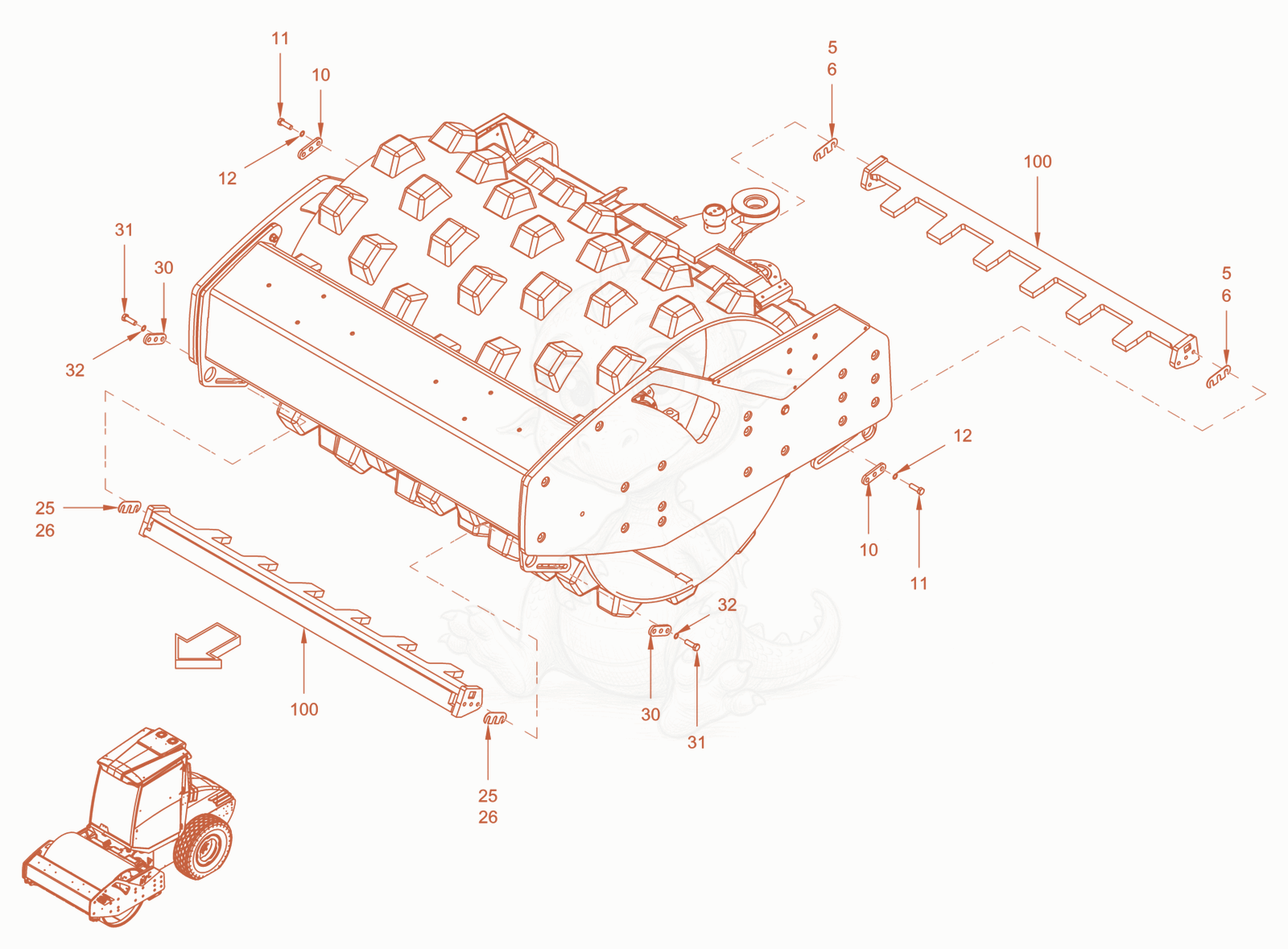 Exploded parts diagram of the scraper padfoot drum of a Wacker Neuson RC70PDPFCAB, with numbered balloons