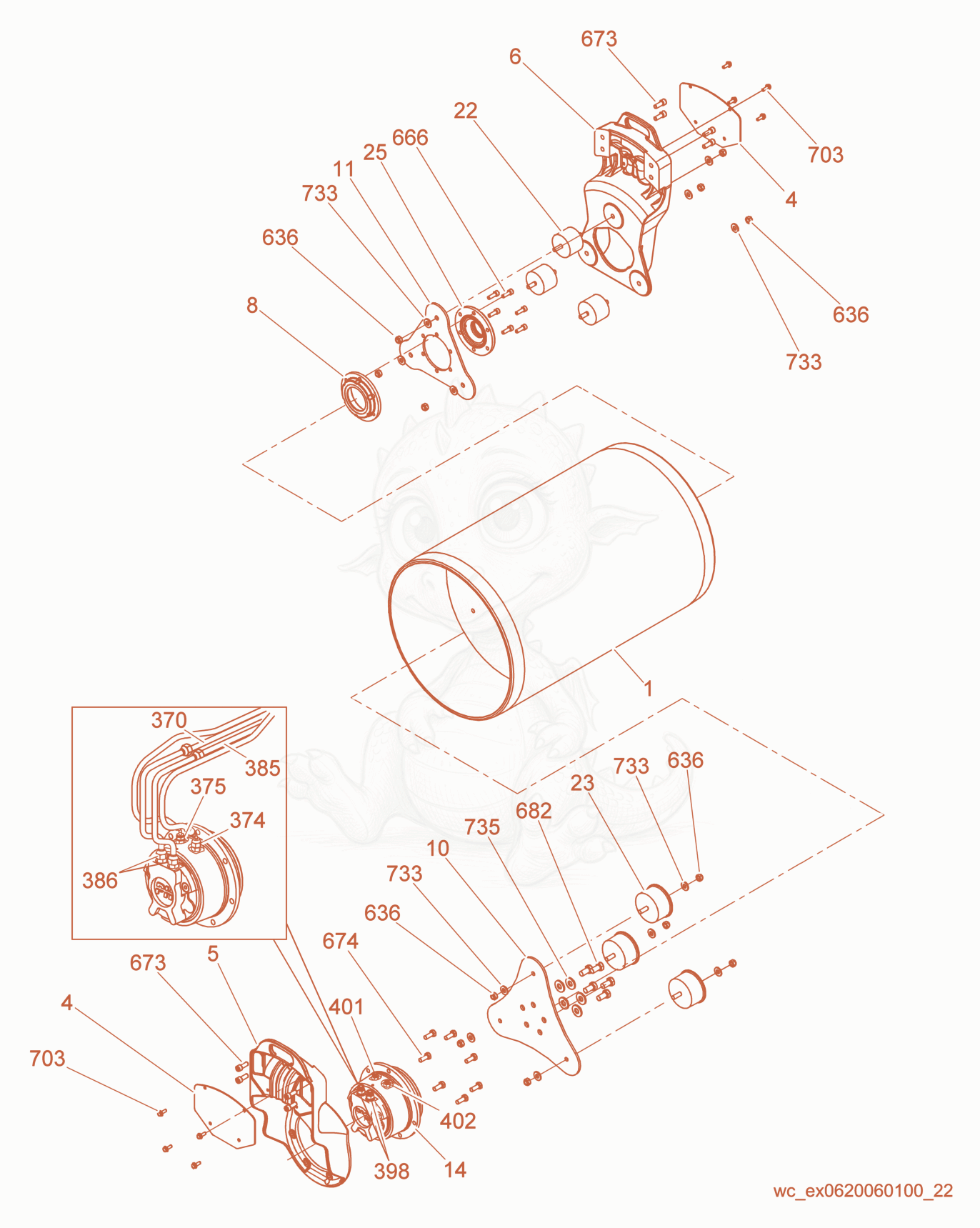 Exploded parts diagram of the Rear Drum of a Wacker Neuson RD16-90, with numbered balloons