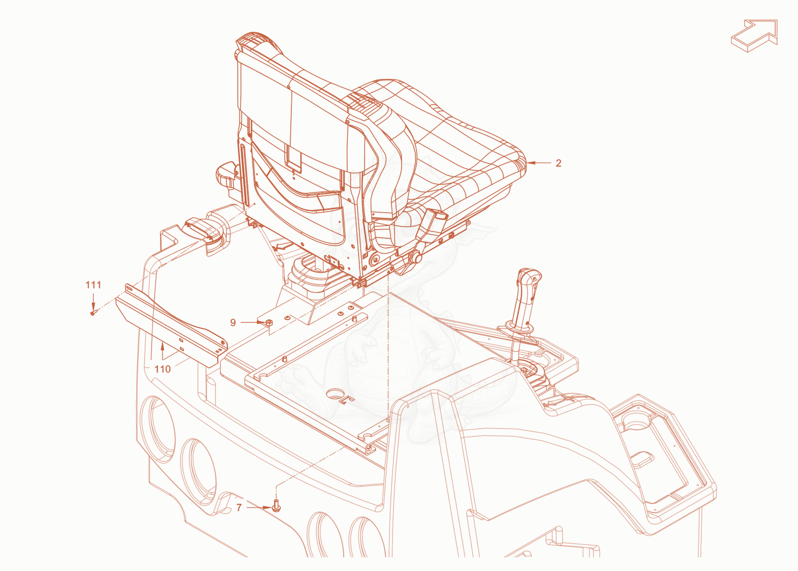 Exploded parts diagram of the operator's seat withadjustment of a Wacker Neuson RD24-100E, with numbered balloons