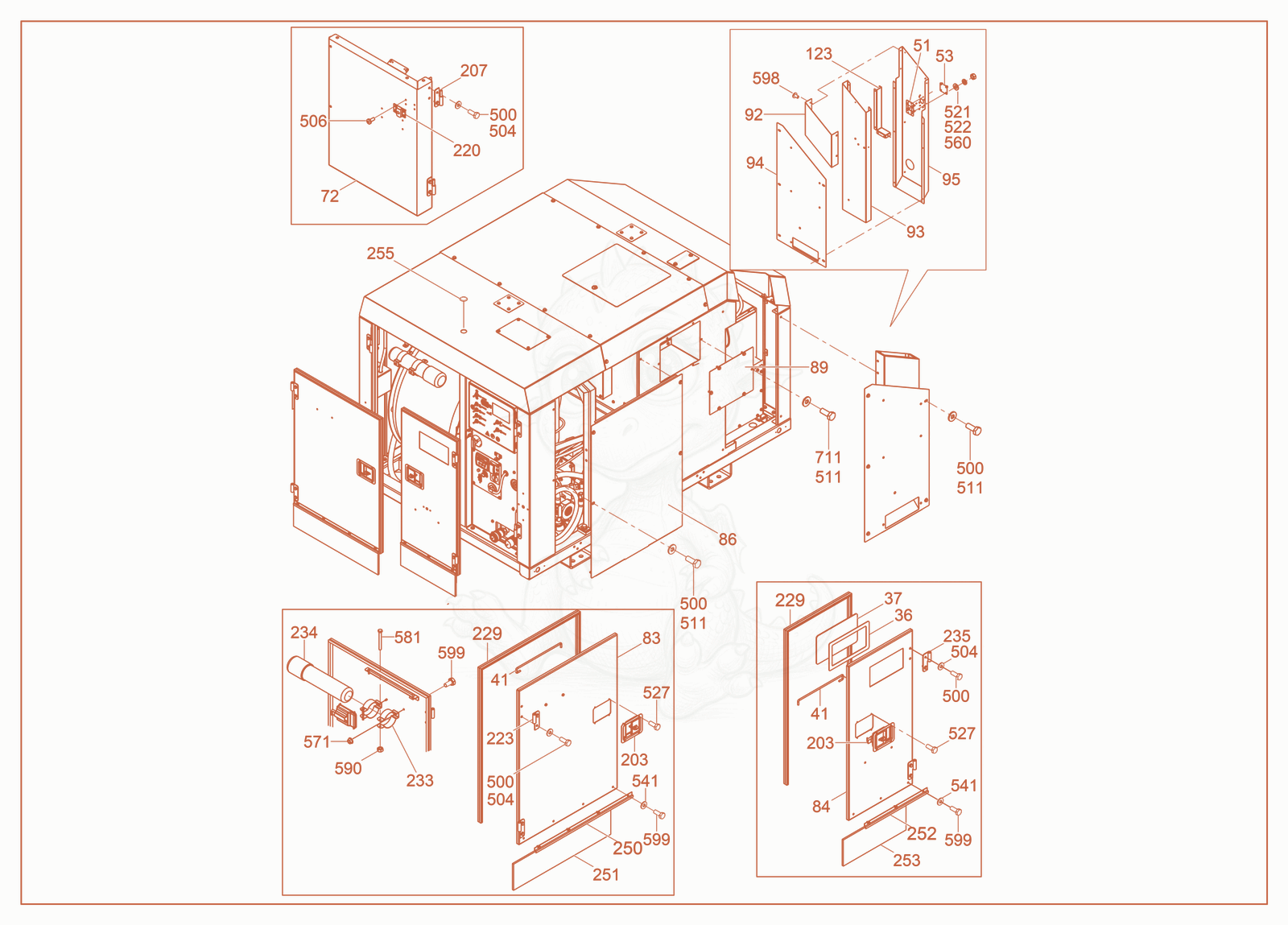 Exploded parts diagram of the Doors cpl./Panel cpl. of a Wacker Neuson E1250B, with numbered balloons