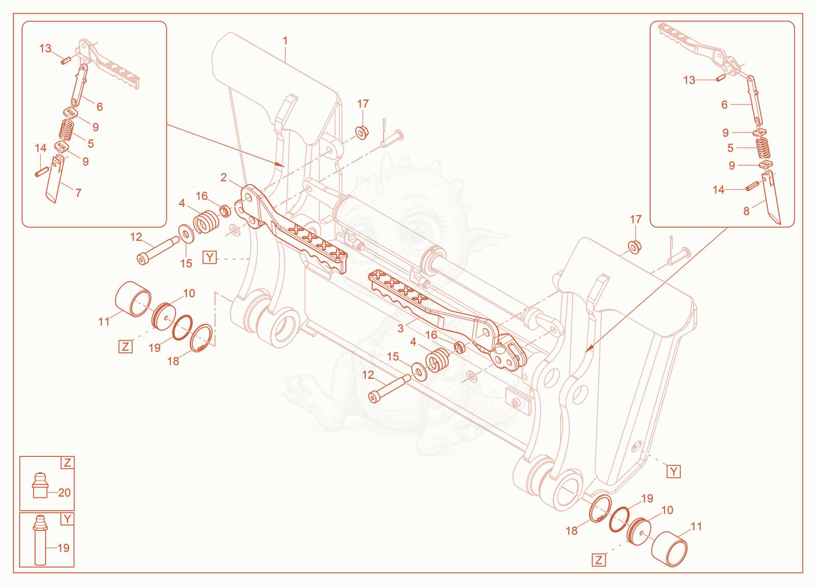 Exploded parts diagram of the Low Clearence Coupler of a Wacker Neuson ST50, with numbered balloons