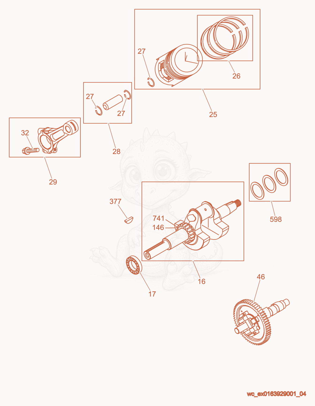 Exploded parts diagram of the Crankshaft/Piston of a Wacker Neuson PTS4V, with numbered balloons