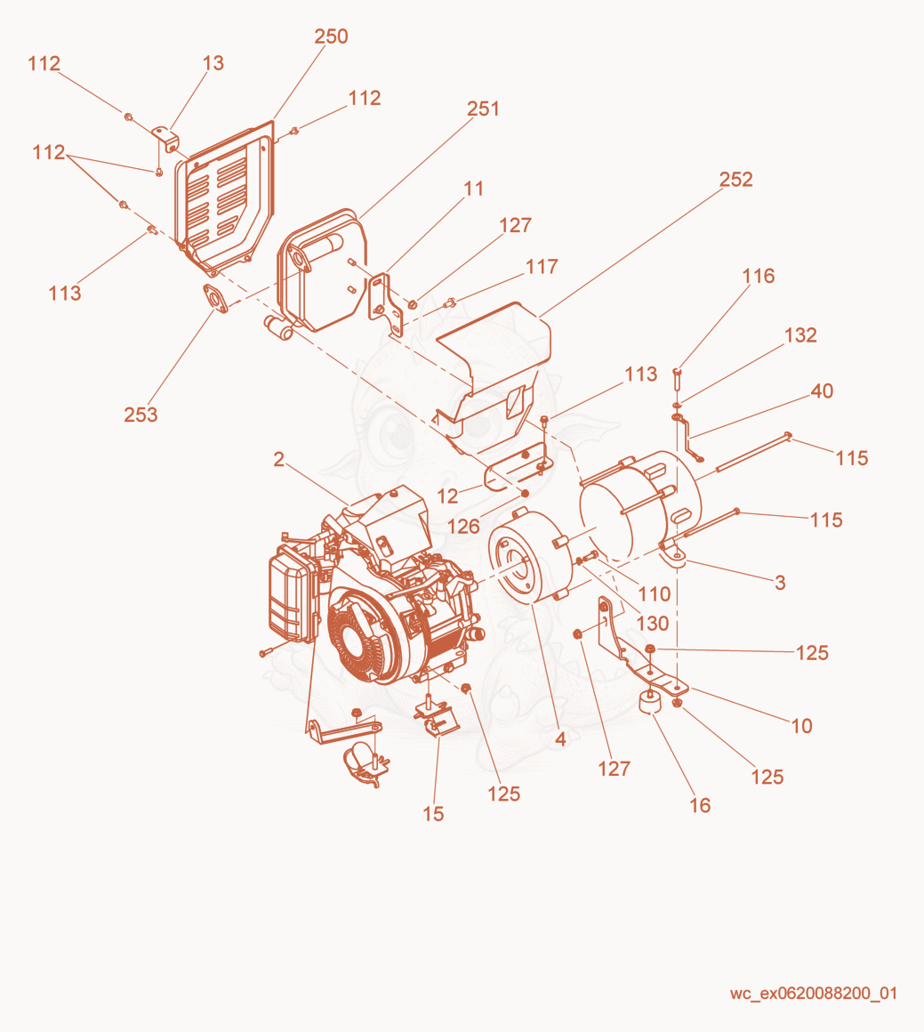 Exploded parts diagram of the Engine/Generator cpl. of a Wacker Neuson GP2600, with numbered balloons