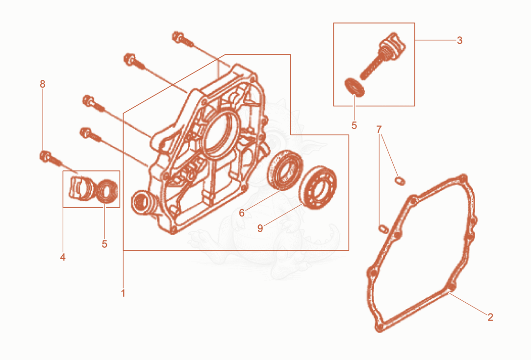 Exploded parts diagram of the Crankcase cover of a Wacker Neuson A5000/160ISO, with numbered balloons
