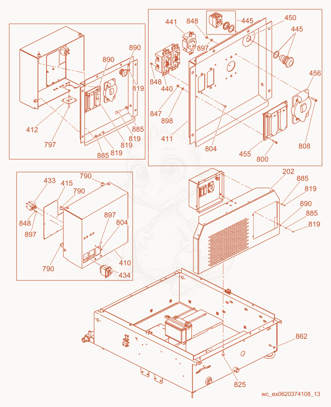 Despiece del Receptacle Panel cpl. de una máquina Wacker Neuson LTW8K, con globos numerados
