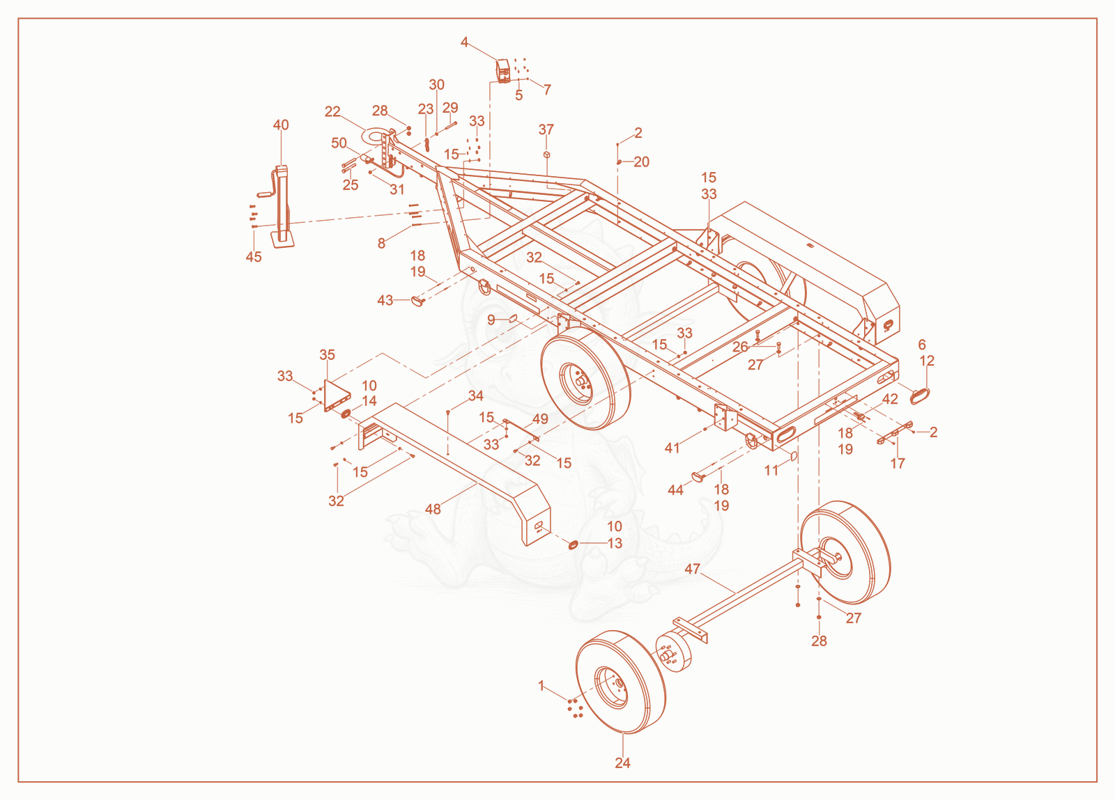 Exploded parts diagram of the Trailer Frame w/Electric Brake of a Wacker Neuson G150, with numbered balloons