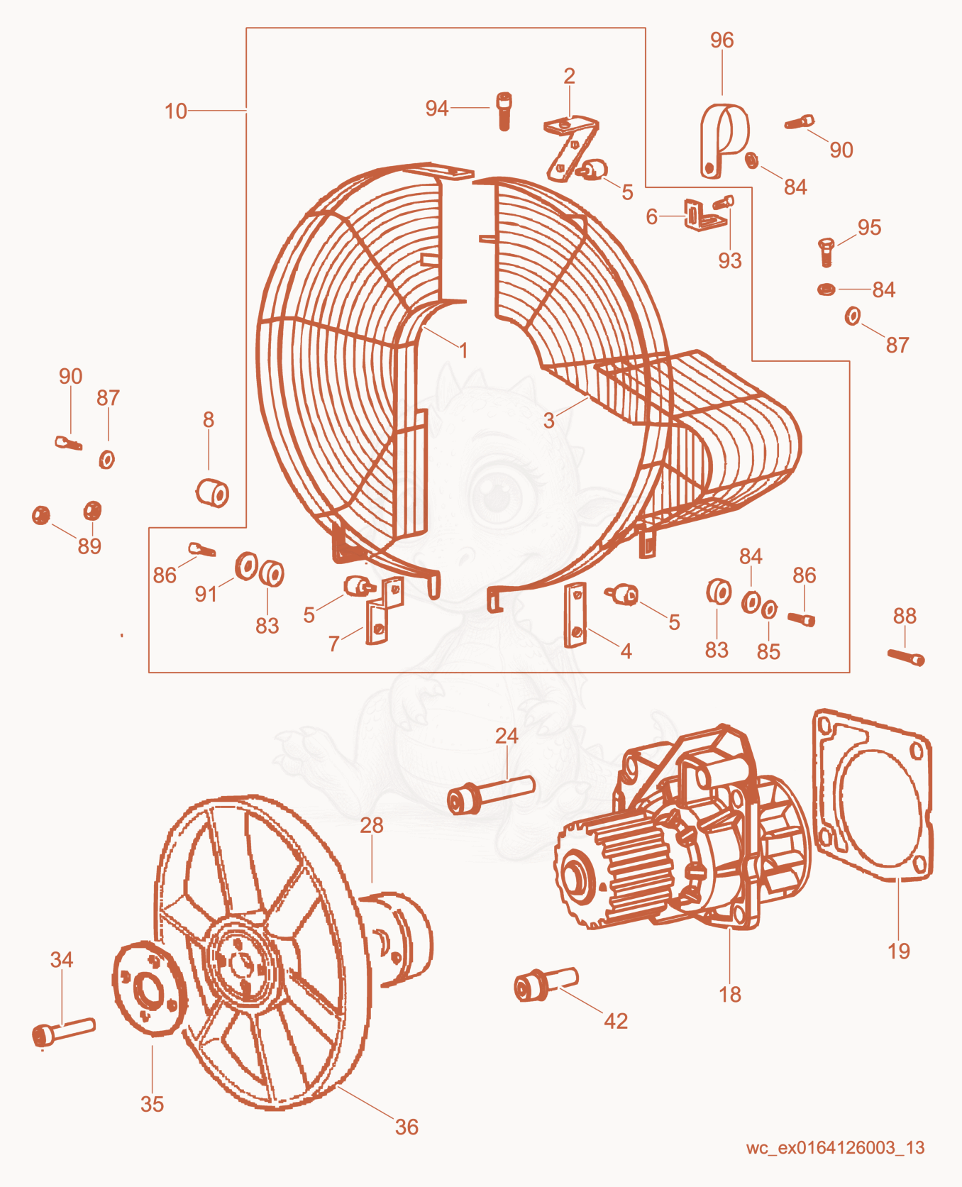 Exploded parts diagram of the Fan/Blower Housing/Water Pump of a Wacker Neuson CRT48-35L-PSEU, with numbered balloons