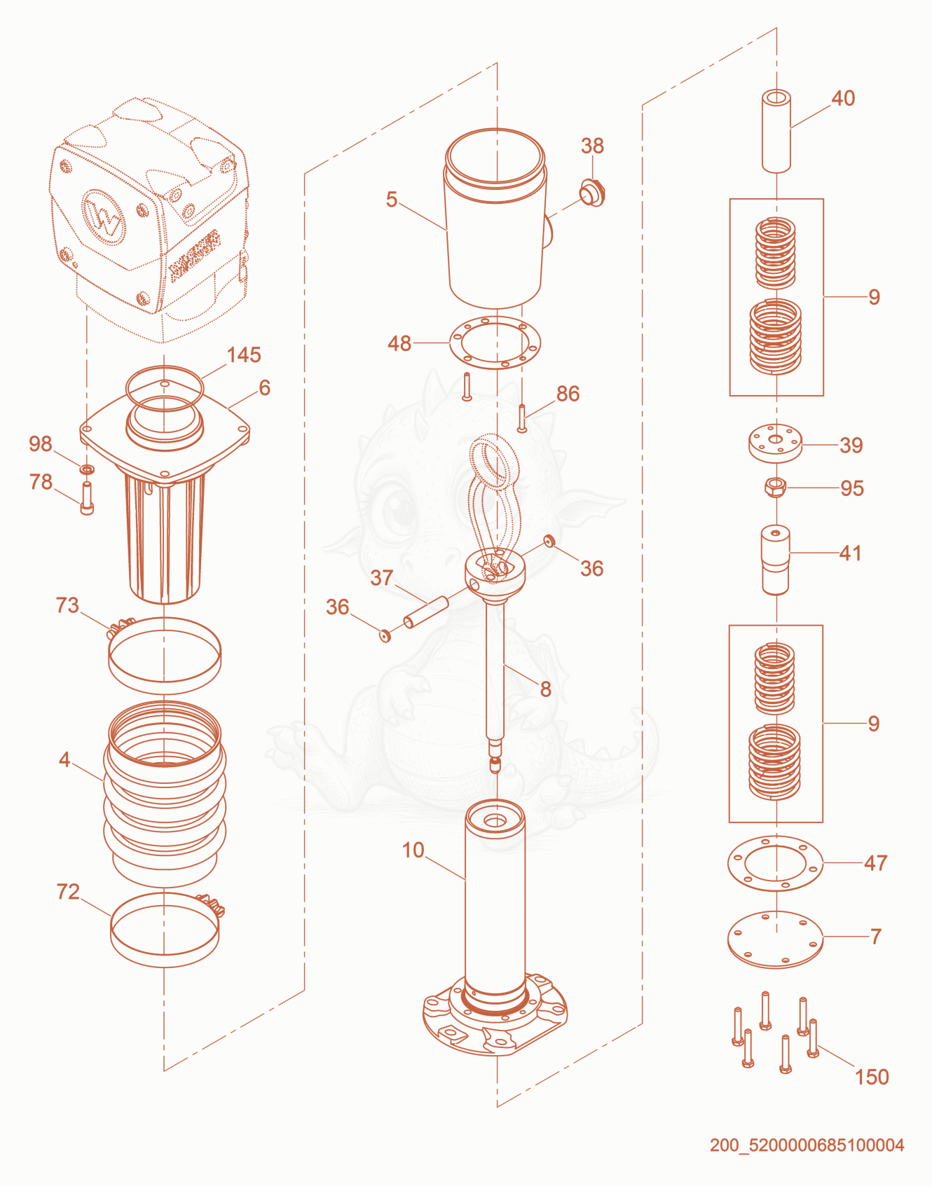 Exploded parts diagram of the Guide Cylinder cpl. of a Wacker Neuson BS50-2, with numbered balloons