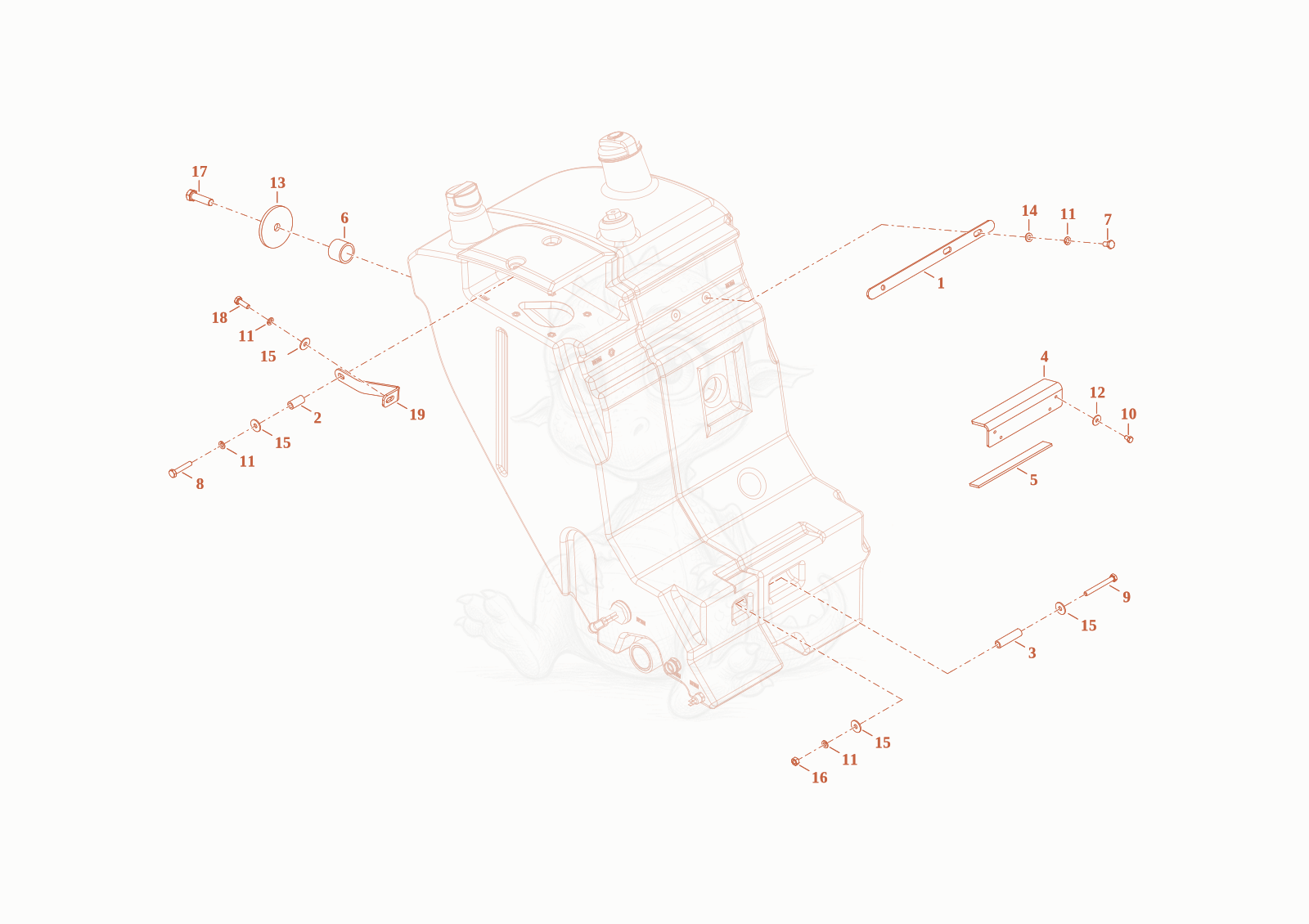 Exploded parts diagram of the mounting of a Wacker Neuson TH522STAGEV, with numbered balloons