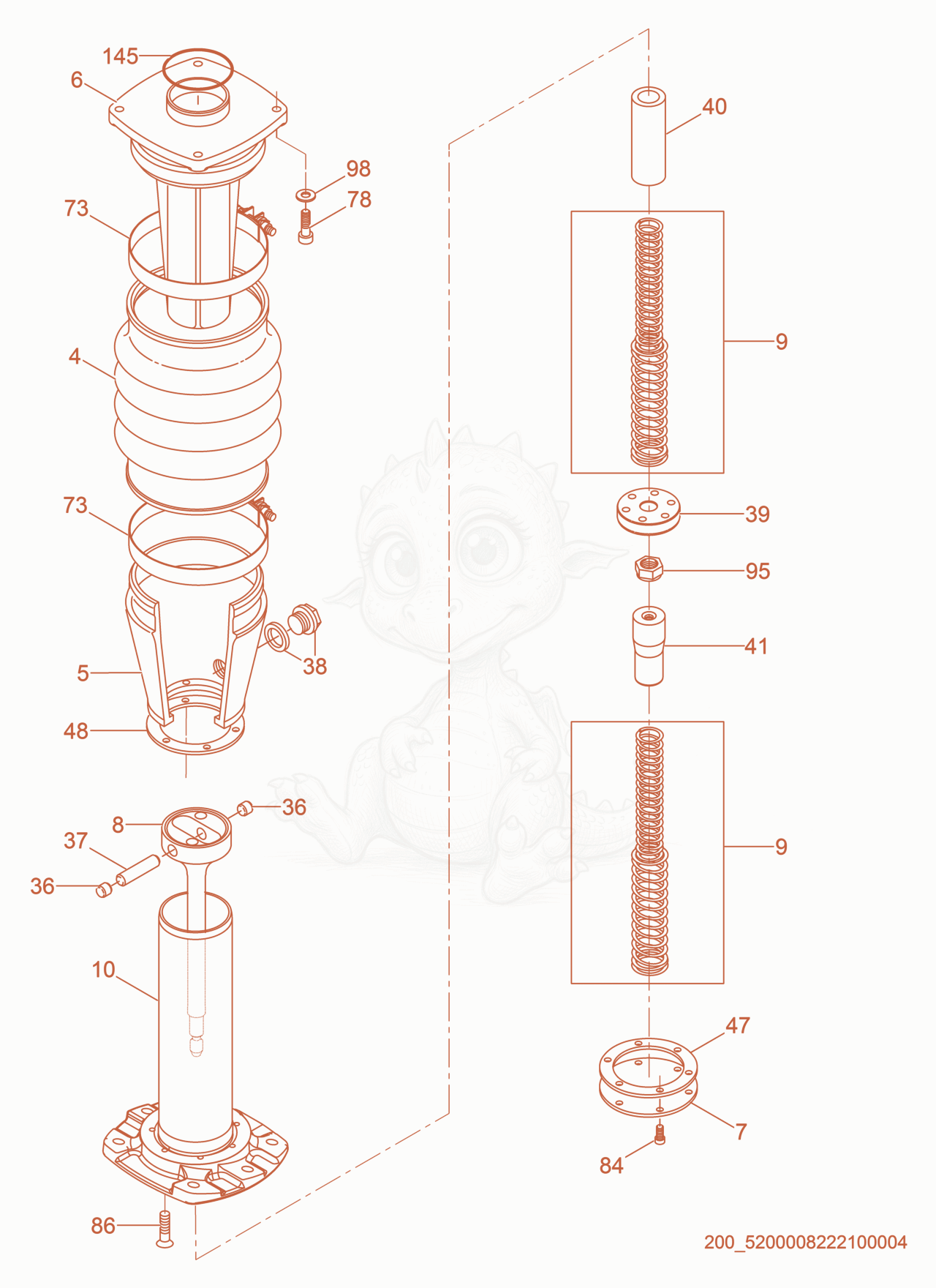 Exploded parts diagram of the Guide Cylinder cpl. of a Wacker Neuson MS52, with numbered balloons
