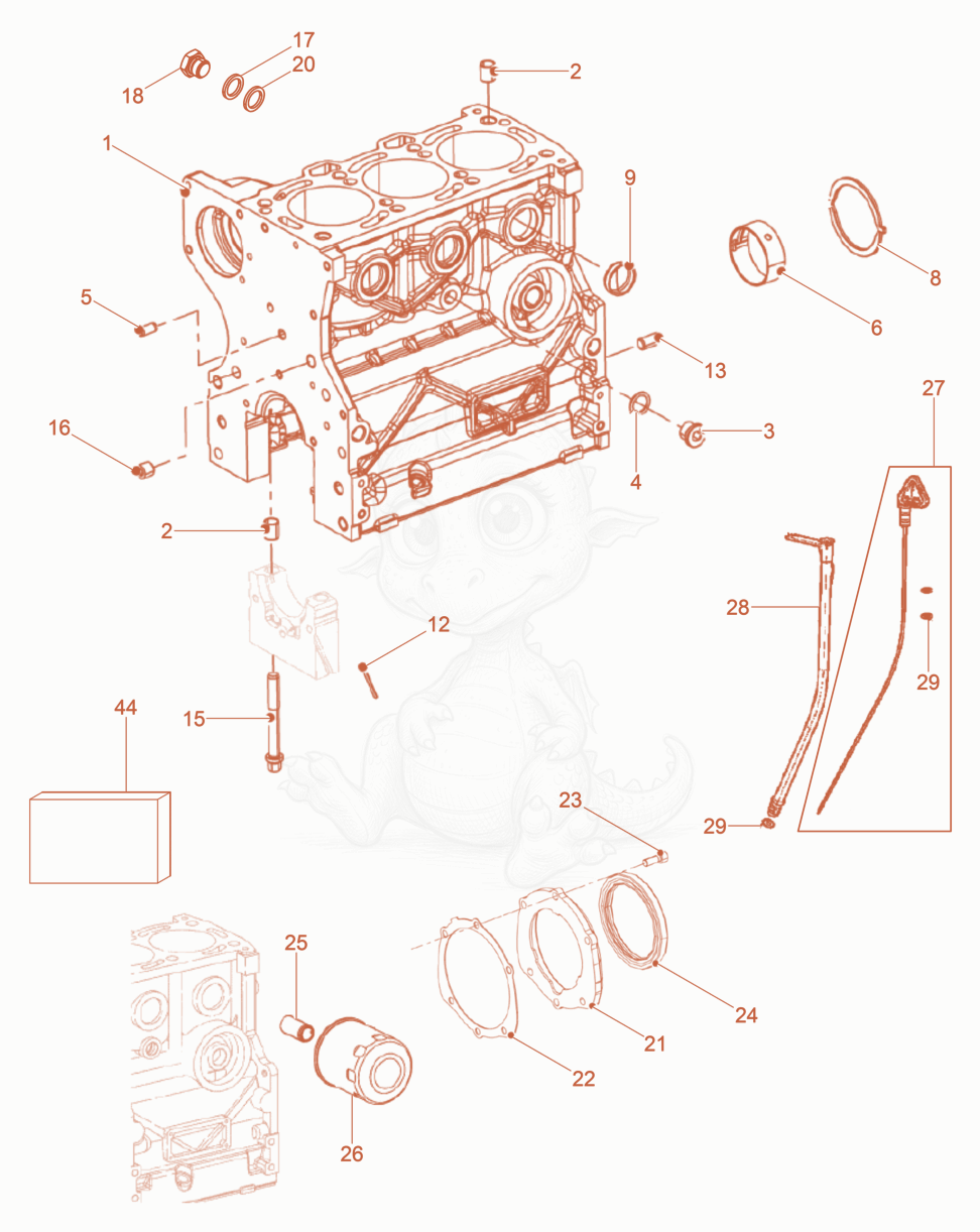 Despiece del Crankcase de una máquina Wacker Neuson DPU80/110KMAT, con globos numerados