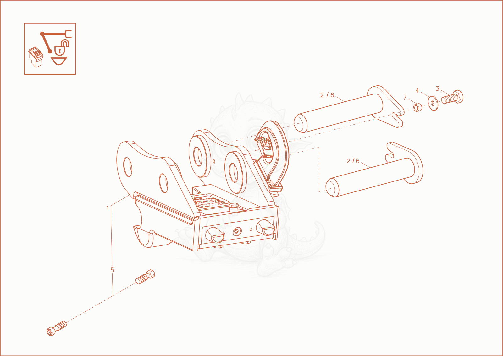 Exploded parts diagram of the quick hitch (option) of a Wacker Neuson ET35, with numbered balloons