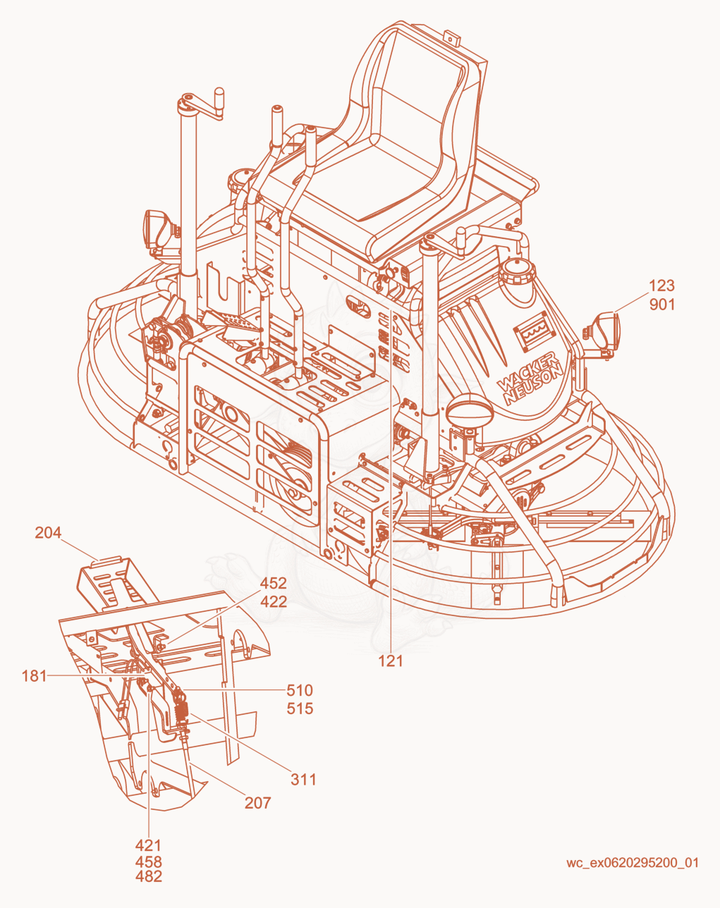 Exploded parts diagram of the Machine cpl./Front View of a Wacker Neuson CRT36-24A, with numbered balloons