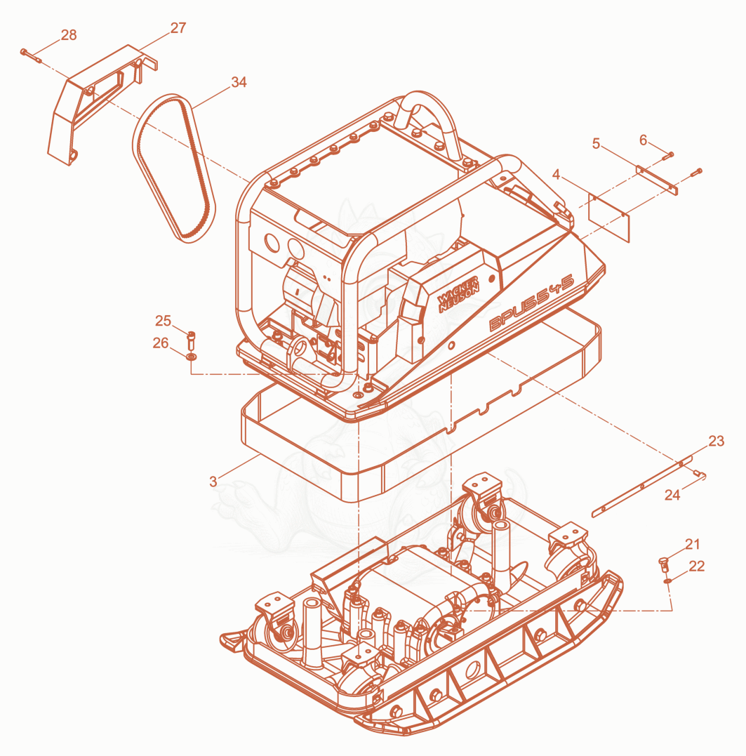 Exploded parts diagram of the Vibration Plate cpl. of a Wacker Neuson BPU5545AUS, with numbered balloons
