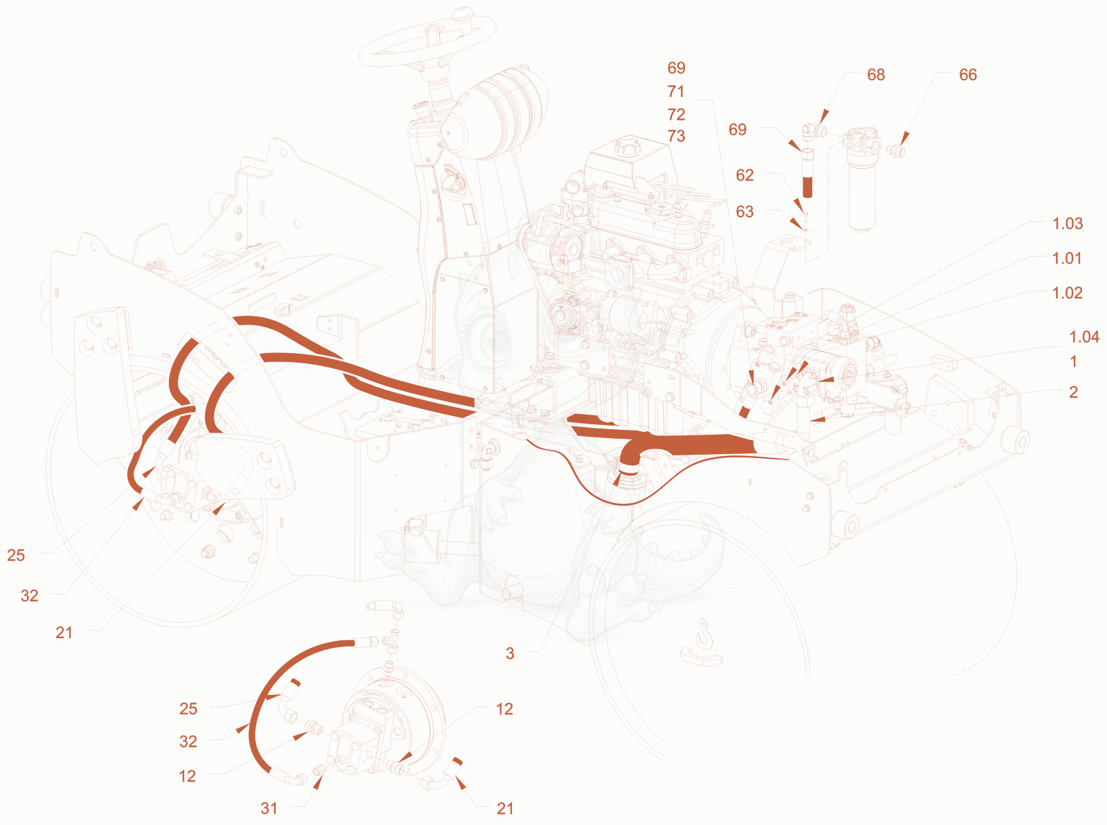 Exploded parts diagram of the vibration drive of a Wacker Neuson RD18-100, with numbered balloons