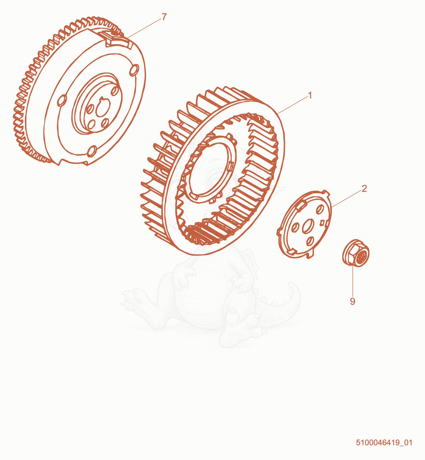 Exploded parts diagram of the Flywheel cpl. of a Wacker Neuson GPS9700A, with numbered balloons