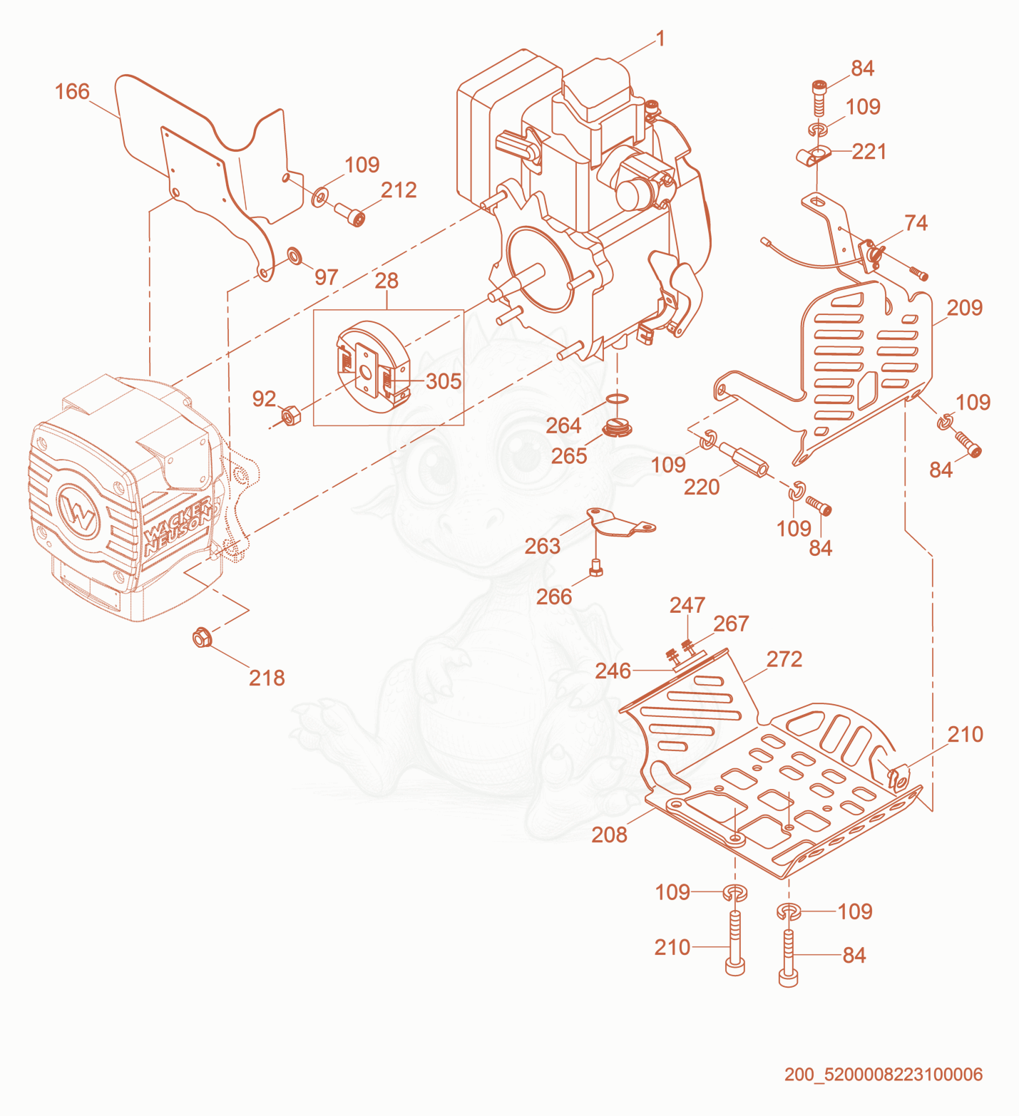 Exploded parts diagram of the Engine Guarding of a Wacker Neuson MS54, with numbered balloons