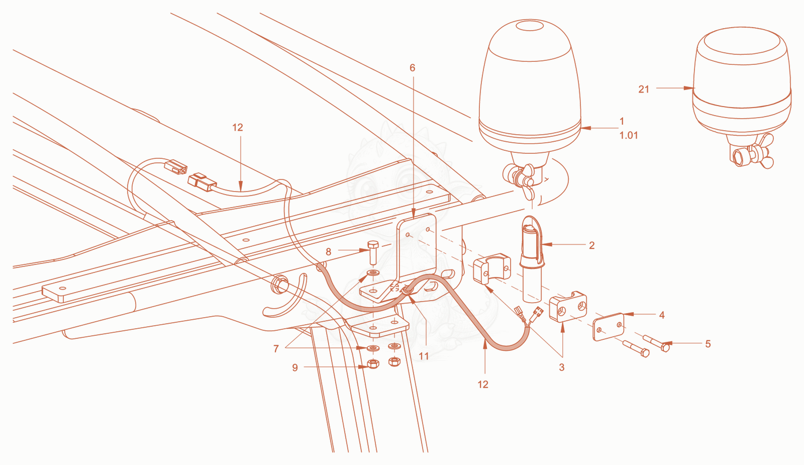 Exploded parts diagram of the rotary beacon of a Wacker Neuson RD45-140C, with numbered balloons