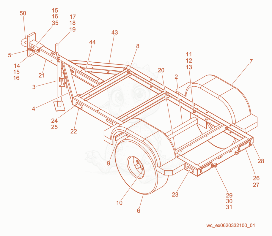 Exploded parts diagram of the Trailer Frame w/No Brake of a Wacker Neuson G25, with numbered balloons