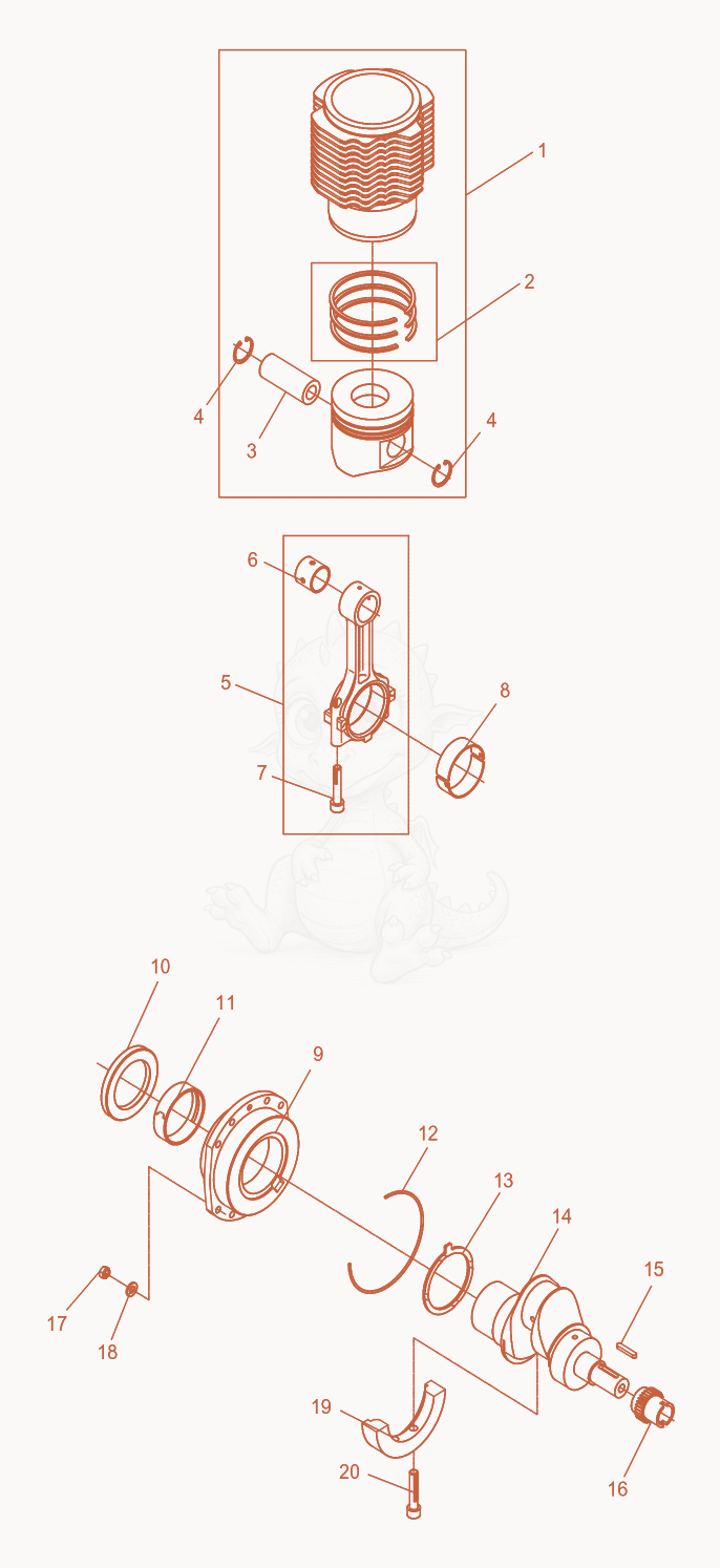 Despiece del Cylinder with Piston-Connecting Rod-Crankshaft de una máquina Wacker Neuson DPU6055, con globos numerados